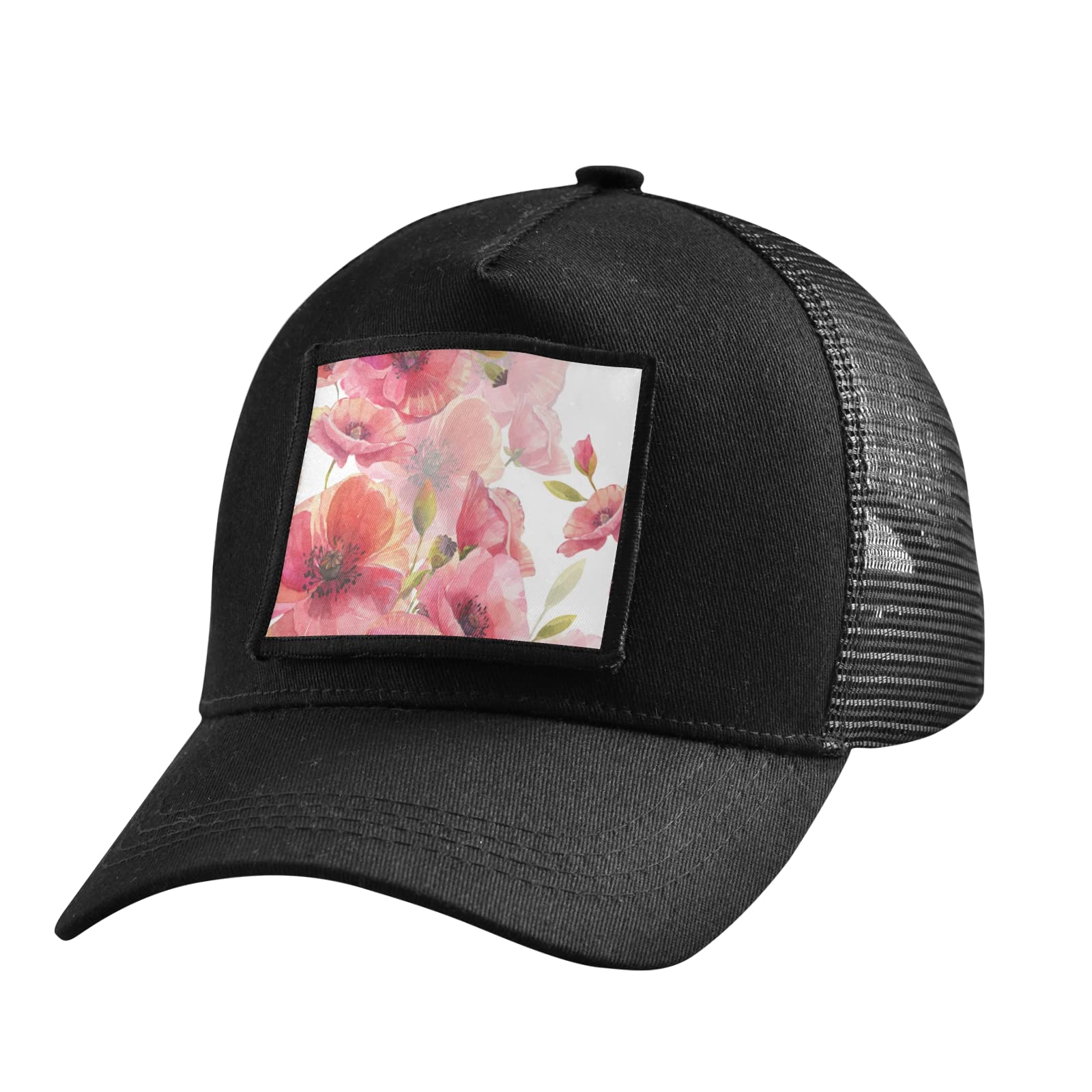 Poppy Watercolor Trucker Hat - Adjustable Snapback Baseball Cap for Men & Women | Breathable Mesh, Black | Perfect for Outdoor, Hiking & Casual Wear