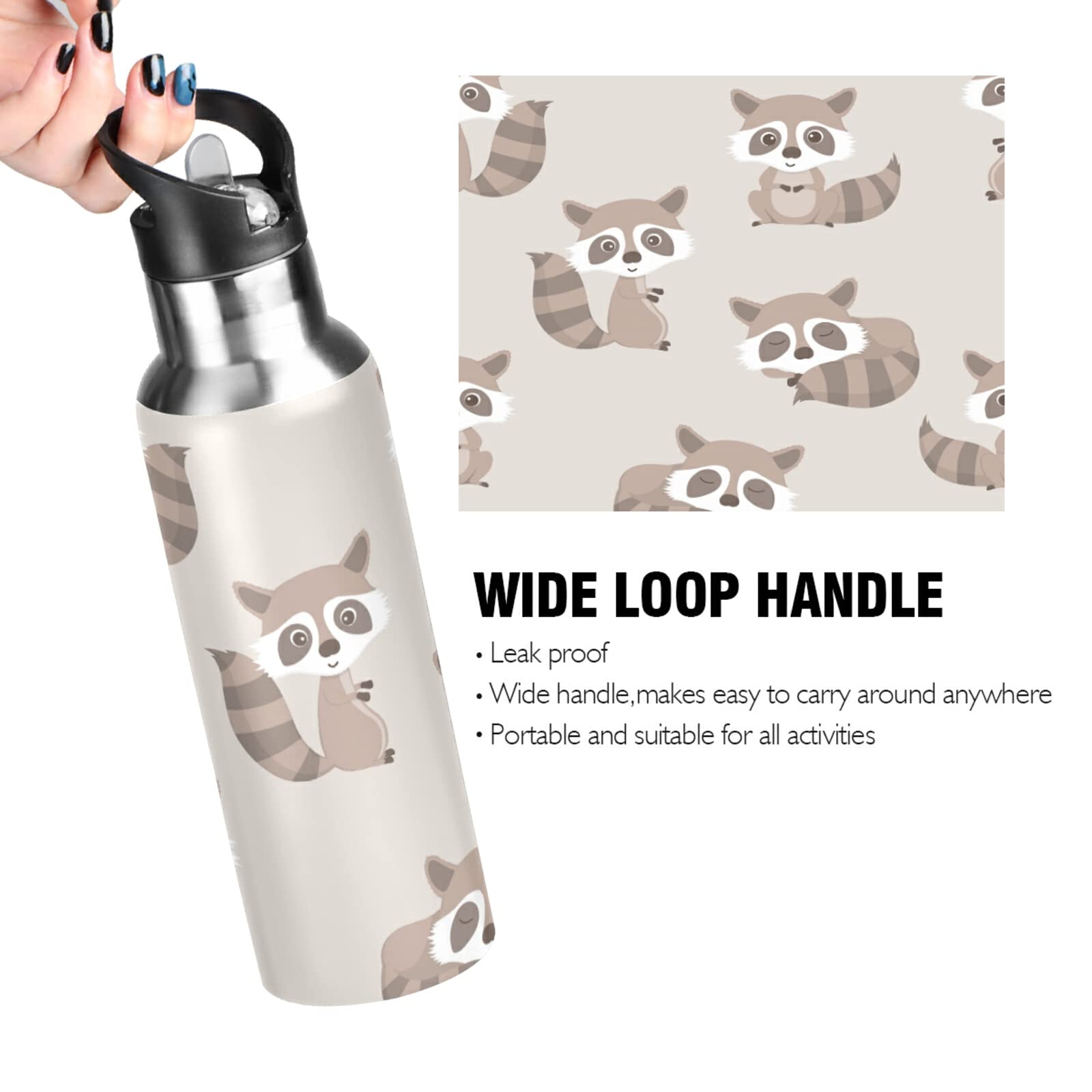 Cute Raccoon Insulated Water Bottle 20oz with Straw for Gym, Hiking & Travel