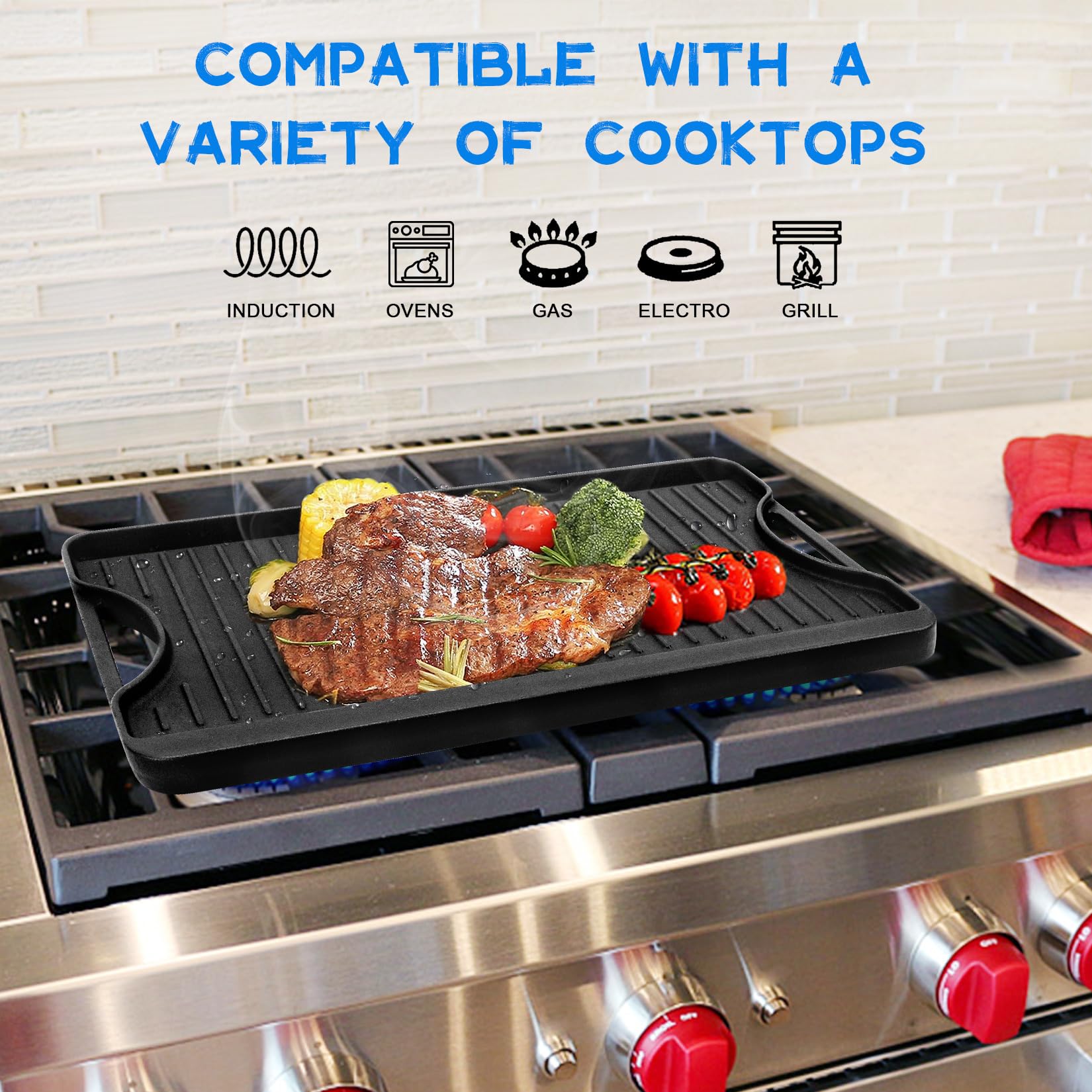 GGC Cast Iron Reversible Griddle - 2-in-1 Griddle Pan for Gas Stove, Grill & Camping | 20
