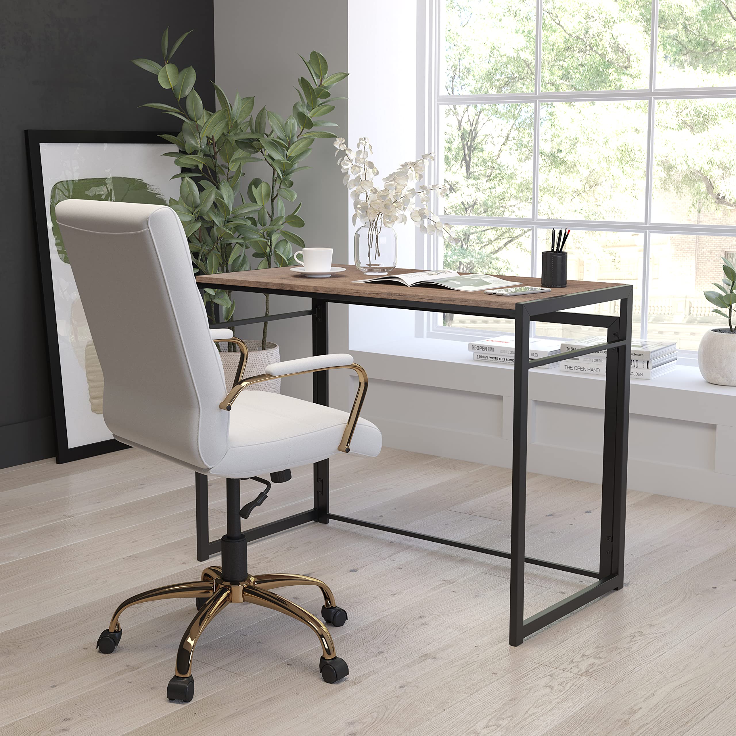 Merrick Lane Perth Computer Desk - Modern Black Frame Folding Office Desk with Rustic Wood Grain - Perfect for Home Office, Small Spaces & Remote Work