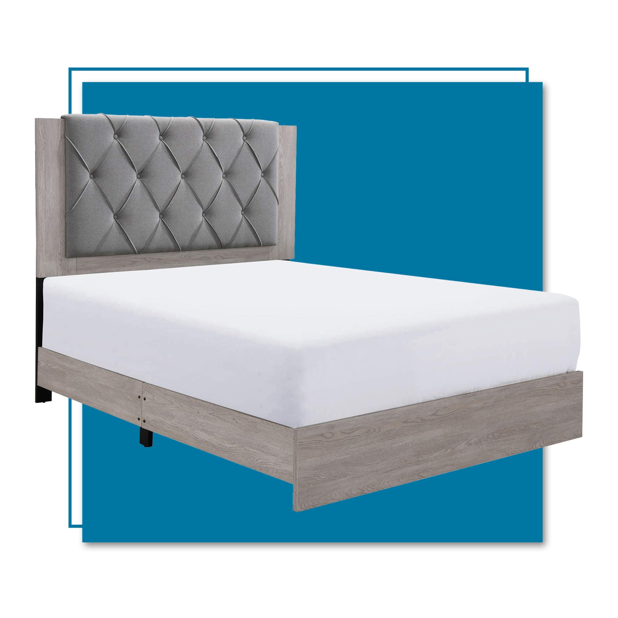 Kenton Panel Bed Frame with Diamond Tufted Upholstered Headboard - Queen Size Light Gray Platform Bed - Easy Assembly Modern Bedroom Furniture for Master Bedroom, Guest Room & Apartment