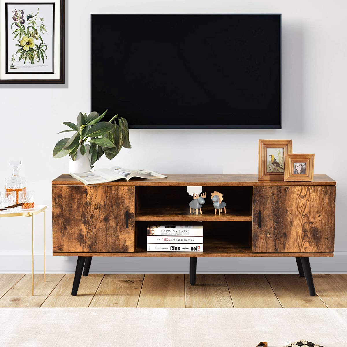 Tangkula 55 Inch TV Stand with 2 Cabinets & 2 Open Shelves - Mid Century Modern Wood Entertainment Center for Living Room, Rustic Brown - Perfect for Boho, Farmhouse & Rustic Home Decor