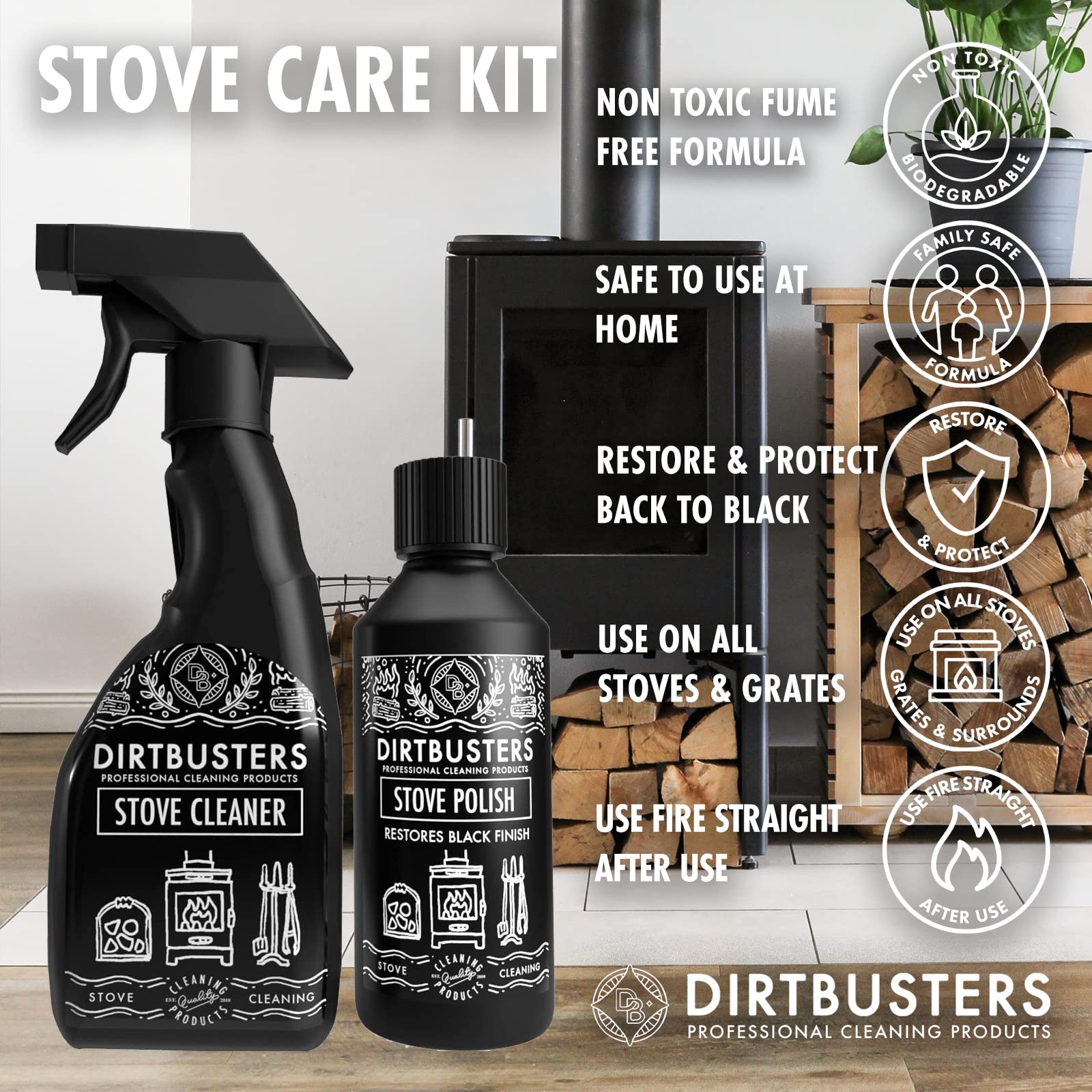 Dirtbusters Stove Polish & Cleaner for Wood & Log Burners, Fireplace Grates - Restores Black Finish (250ml & 750ml) | Ideal for Cast Iron Stoves, Fireplace Maintenance & Wood Burning Stove Cleaning