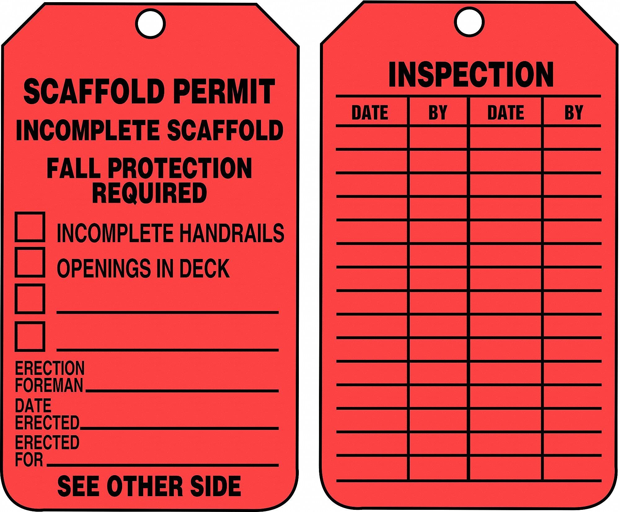 Accuform 10 mil PF Cardstock Scaffold Permit Tags - Incomplete Scaffold Fall Protection Required (5-3/4