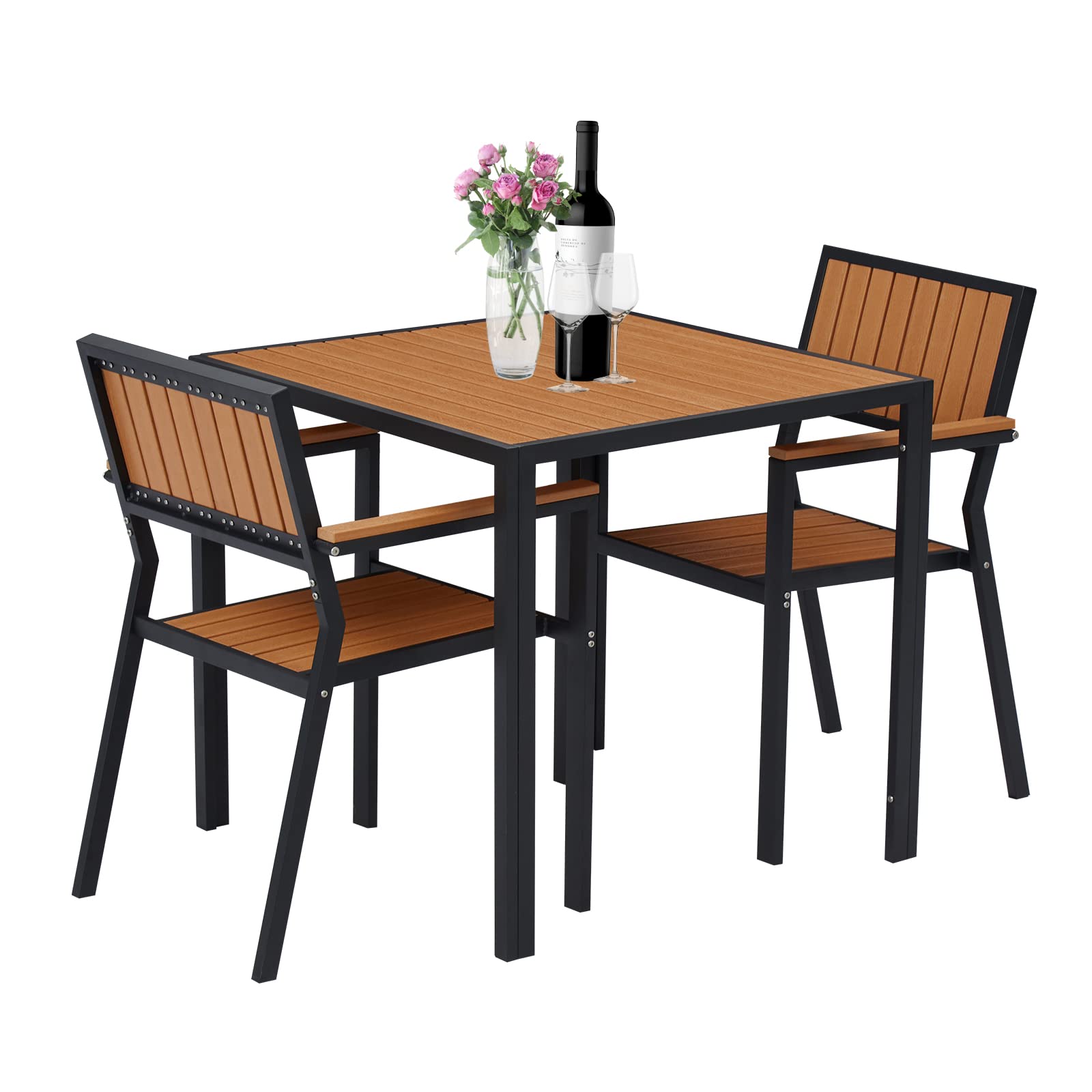 Kinsuite 3-Piece Kitchen Dining Set - Modern Metal Round Table with 2 Armchairs, Indoor Outdoor Slatted Furniture for Balcony, Restaurant & Kitchen | Perfect for Small Spaces, Patio Dining & Apartment Decor