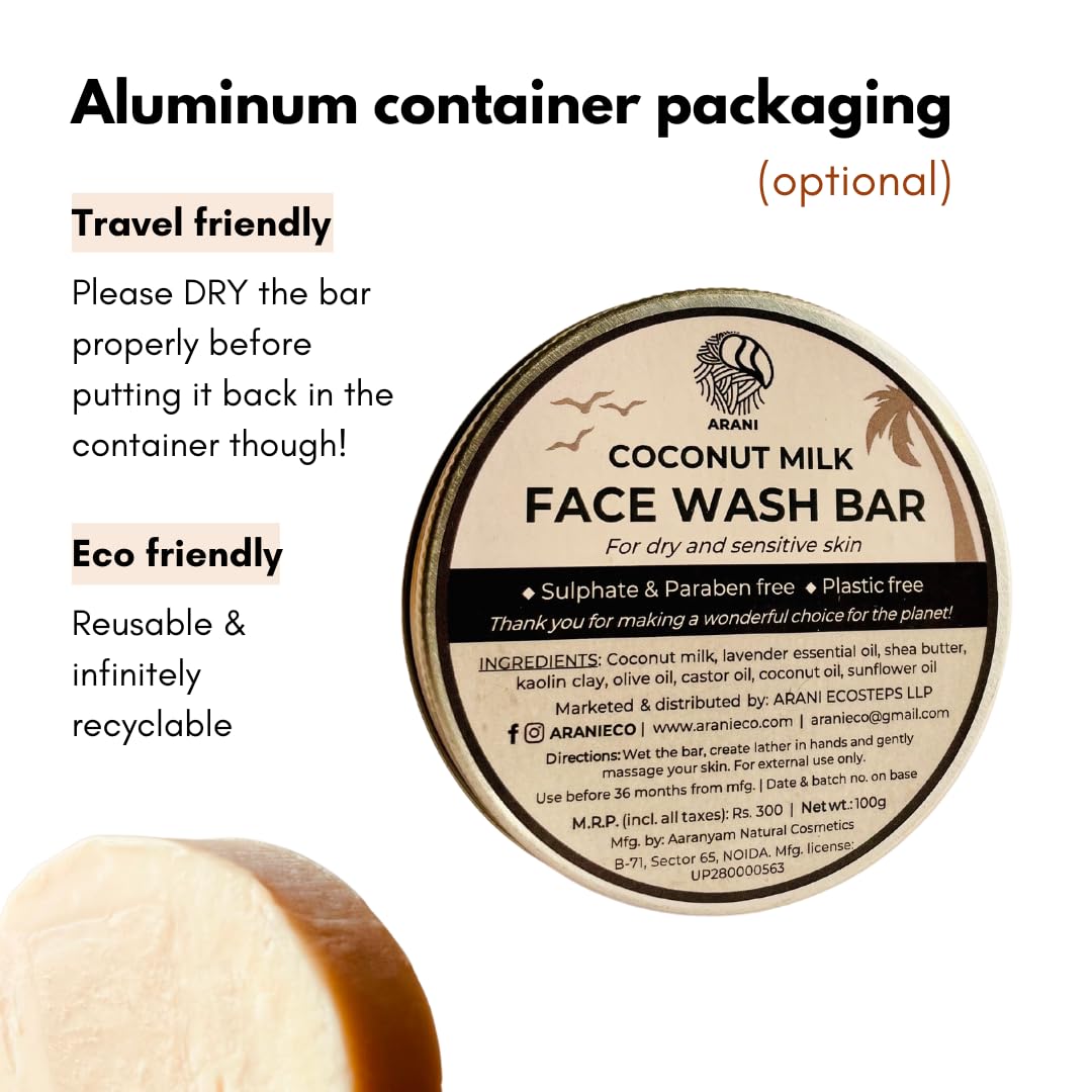 Arani Eco Coconut Milk Face Wash Bar for Dry & Sensitive Skin - Sulfate Free, Paraben Free, Plastic Free - Gentle Cleansing for Daily Skincare Routine