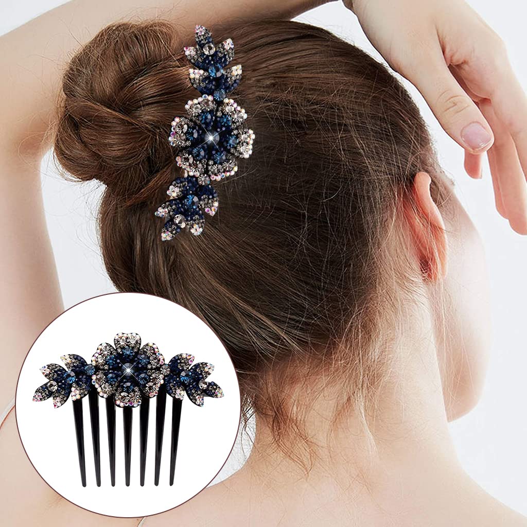 PALAY® Women's Floral Hair Clips - Crystal Barrettes & Hair Combs for Girls & Women, Elegant Bridal Hair Accessories (Dark Blue) | Perfect for Weddings, Parties & Everyday Styling