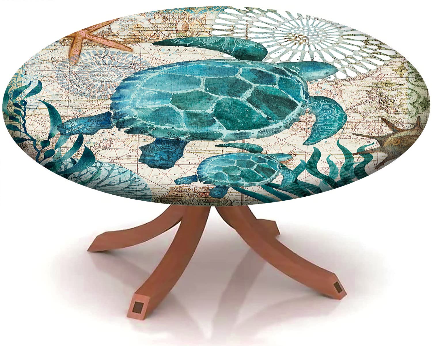 Sea Turtle Print Round Tablecloth - Elastic Edge Waterproof Table Cover for 36