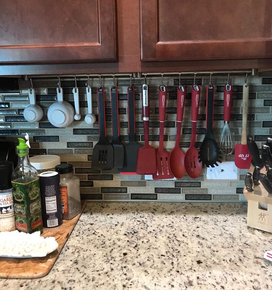 304 Stainless Steel Kitchen Utensil Organizer - 7 Sliding Hooks Wall Mount Rack (15 Inch) - Perfect for Spatulas, Ladles & Cooking Tools Storage in Small Kitchens