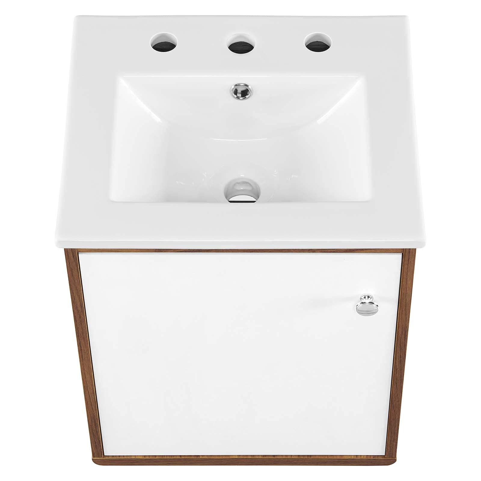 Modern Wall Mounted Sink Vanity Cabinet - Brown Walnut & White Wood Bathroom Storage - Space Saving Design for Small Bathrooms, Hotel Suites & Contemporary Homes