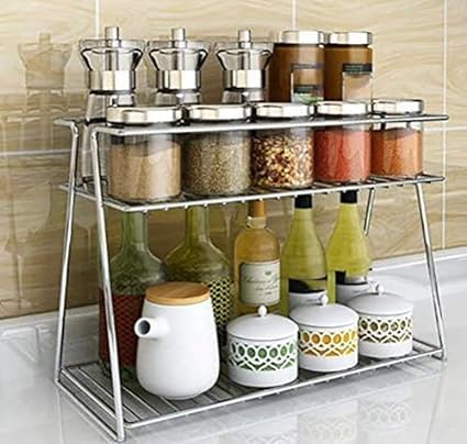 2-Tier Stainless Steel Kitchen Corner Storage Rack - Space Saving Organizer for Countertop, Spices, Utensils & More (33x15x26cm, Silver) - Perfect for Small Kitchens, Pantries & Countertop Organization