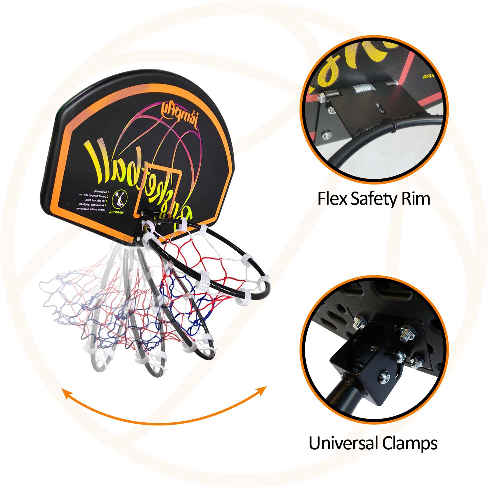 Jumpfly Trampoline Basketball Hoop Set - Universal Easy Install Basketball Hoop Attachment for Straight & Curved Trampoline Poles - Includes Mini Balls & Air Pump - Perfect for Backyard Fun, Kids Outdoor Games & Trampoline Exercise Accessories