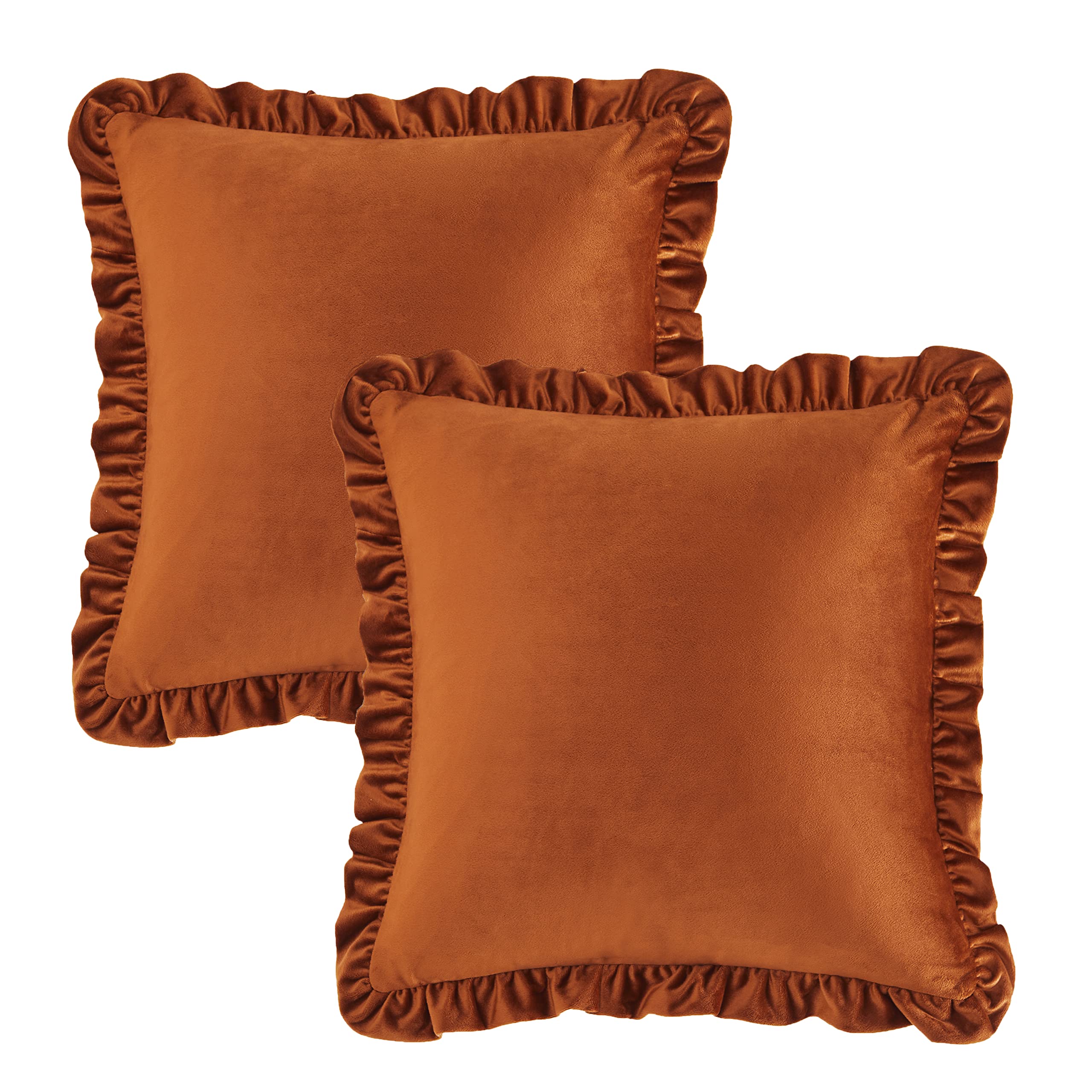GIGIZAZA Burnt Orange Velvet Ruffle Decorative Throw Pillow Covers 18x18 Inch - Set of 2 for Sofa, Couch, Bedroom & Living Room - Soft Luxury Home Decor Accent Pillows