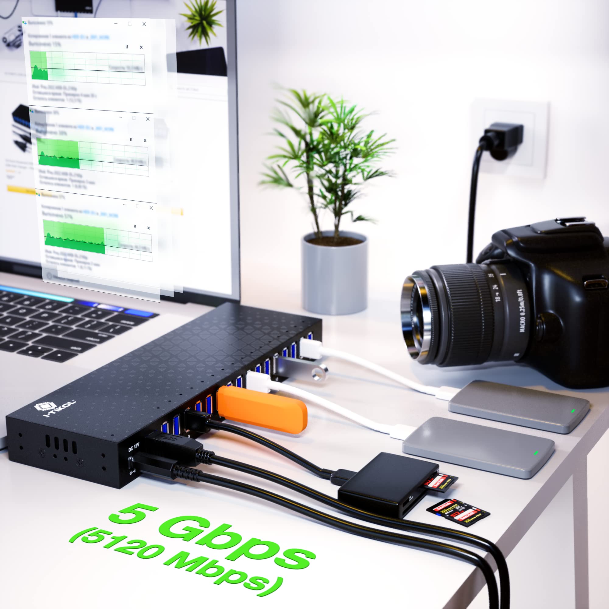 16-Port USB 3.0 Hub with AC Adapter - 5Gbps High-Speed Aluminum Alloy USB Splitter for Laptop, PC, Tablet & Phone - Desktop USB Expander for Multiple Devices - Perfect for Home Office, Gaming Setup & Workstation Connectivity
