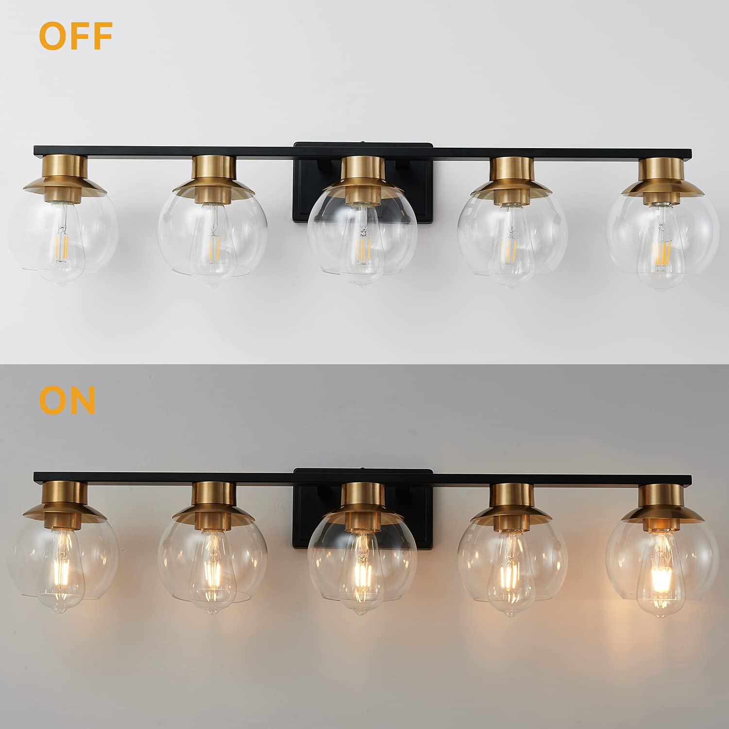 PAZALA Black Gold 5-Light Bathroom Vanity Light Fixture - Modern Wall Sconce with Globe Glass Shade, E26 Base - Perfect for Bathroom Mirror, Bedroom Dresser, Hallway & Living Room Wall Lighting - Elegant Home Decor for Modern Interiors