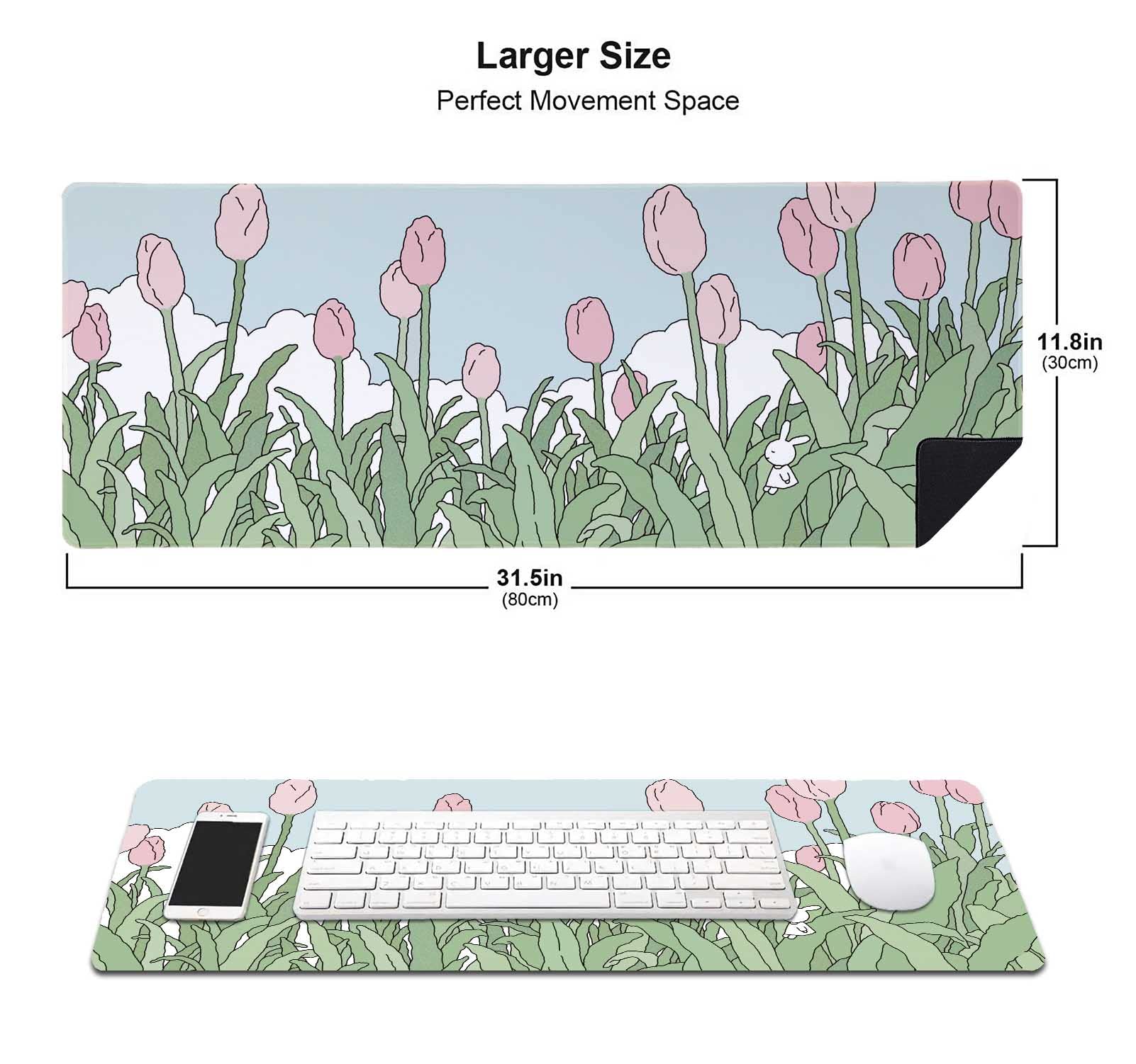 Cute Pink Floral Mouse Pad - Kawaii Aesthetic Wildflowers Design, Minimalist Extra Large Desk Mat (31.5