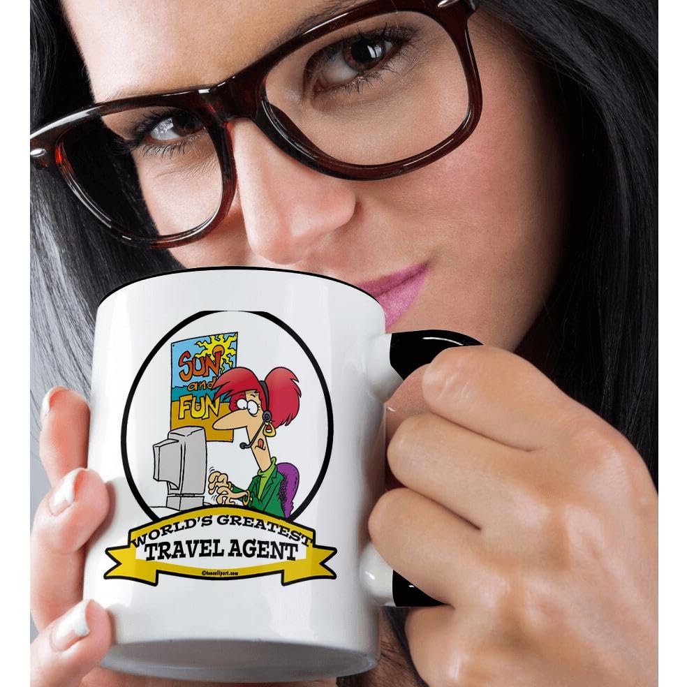 Funny Worlds Greatest Travel Agent Coffee Mug - 11oz Ceramic Cup with Cartoon Design - Perfect Gift for Travel Lovers & Office Use