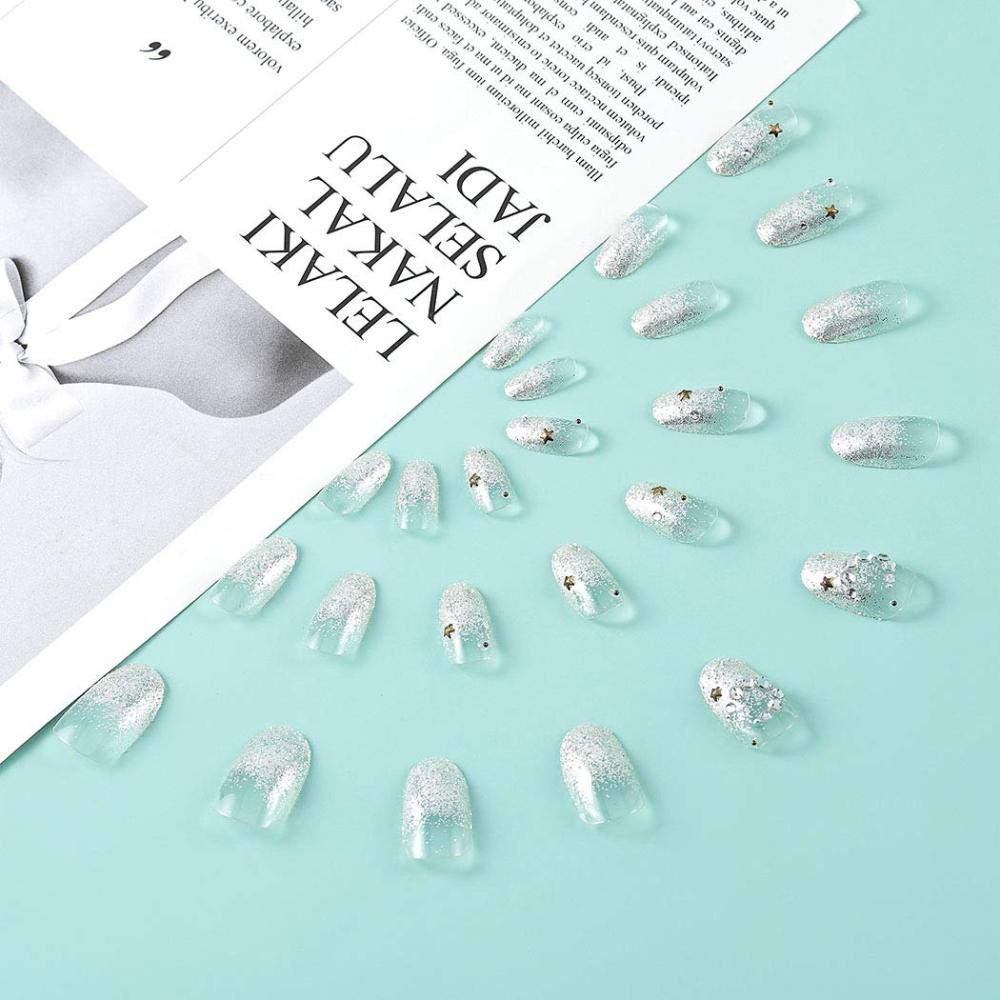 Glitter Coffin False Nails - 24PCS Short Ballerina Fake Nails with Shiny Sequins for Women & Girls | Perfect for Parties, Weddings & Special Occasions