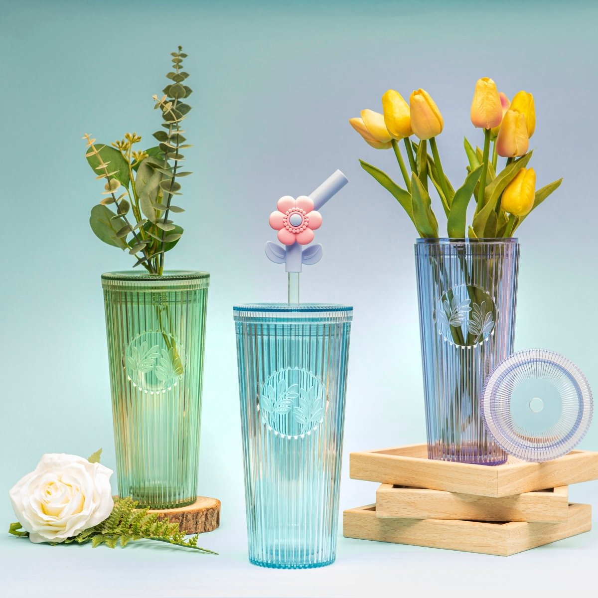 26oz Insulated Tumbler with Straw & Leak-Proof Lid - Cute Floral Silicone Straw Tips in Botanica Green - Perfect for Iced Coffee, Smoothies & Outdoor Activities