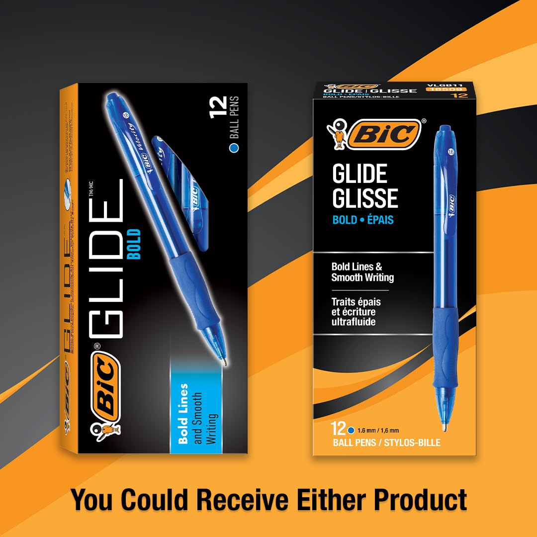 BIC Glide Bold Blue Ballpoint Pens - 1.6mm Bold Point Retractable Pens, 12-Pack with Comfort Grip for Smooth Writing | Ideal for Office, School & Home Use