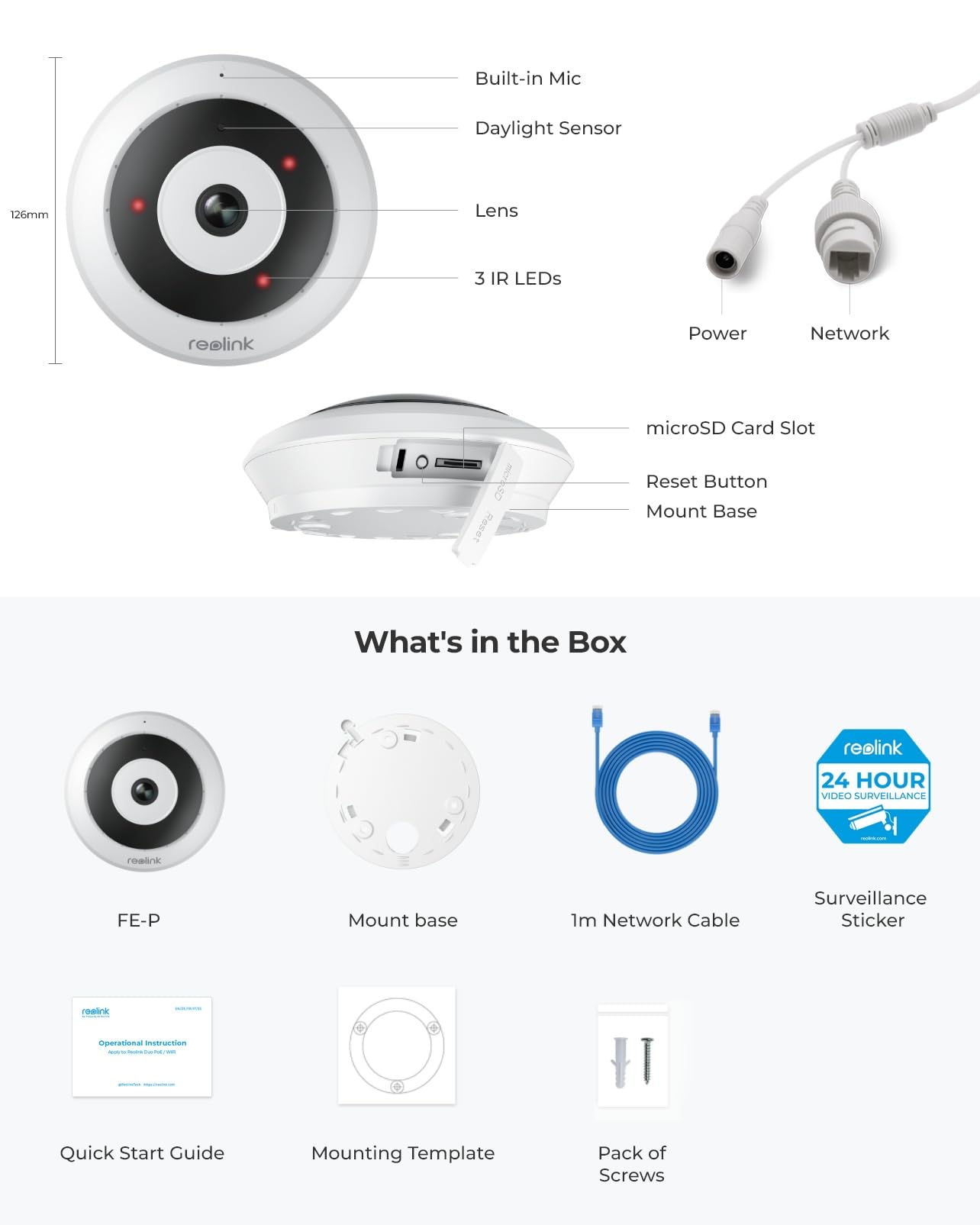 Reolink FE-P-W 6MP HD PoE IP Fisheye Security Camera - 360° View, Smart Human Detection, Two-Way Audio, Ceiling/Wall/Desk Mount - Ideal for Home & Office Surveillance, Baby Monitoring & Pet Watching