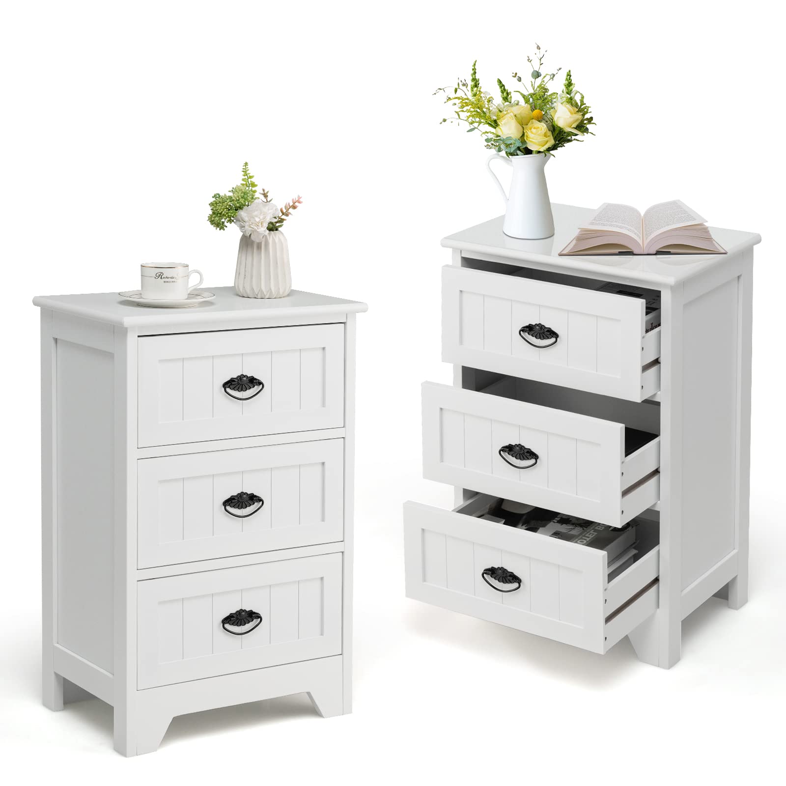 Giantex White Nightstand Set of 2 - 3 Drawer Bedside Table with Metal Handles, Anti-Tip Design for Bedroom, Living Room & Office - Perfect for Storage, Reading & Home Decor