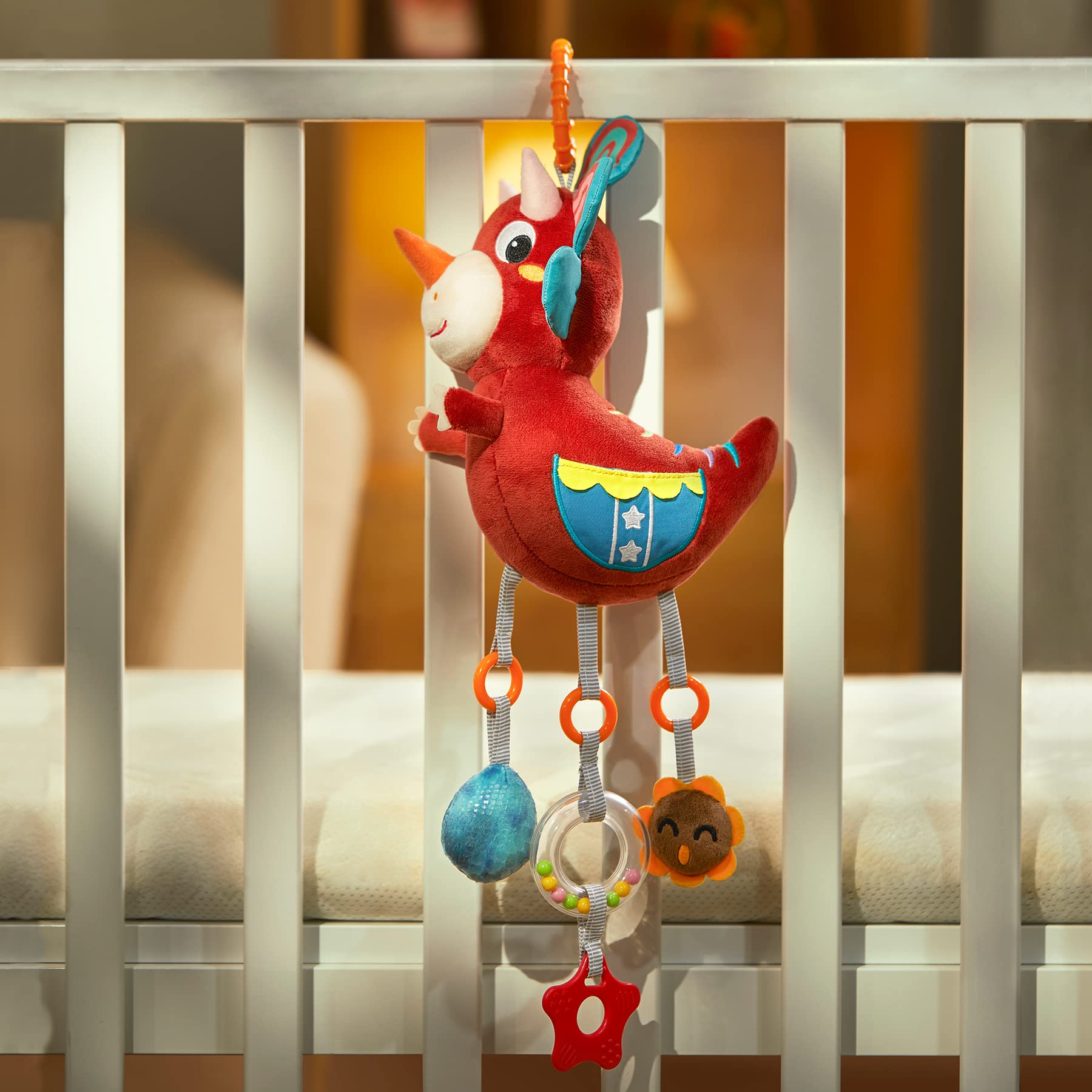 TUMAMA Baby Car Seat Toys for 3-12 Months - Dinosaur Hanging Toys with Wind Chimes, Rattle Beads & Teether - Removable Stroller, Crib & Gym Mat Mobile Plush Toys for Newborn Boys & Girls - Perfect for Travel, Playtime & Sensory Development