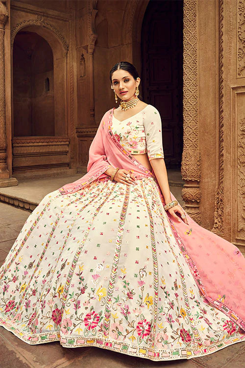 Designer Beige Georgette Embroidered Lehenga Choli with Sequins (D202) | Indian Bridal Wear for Weddings & Festivals