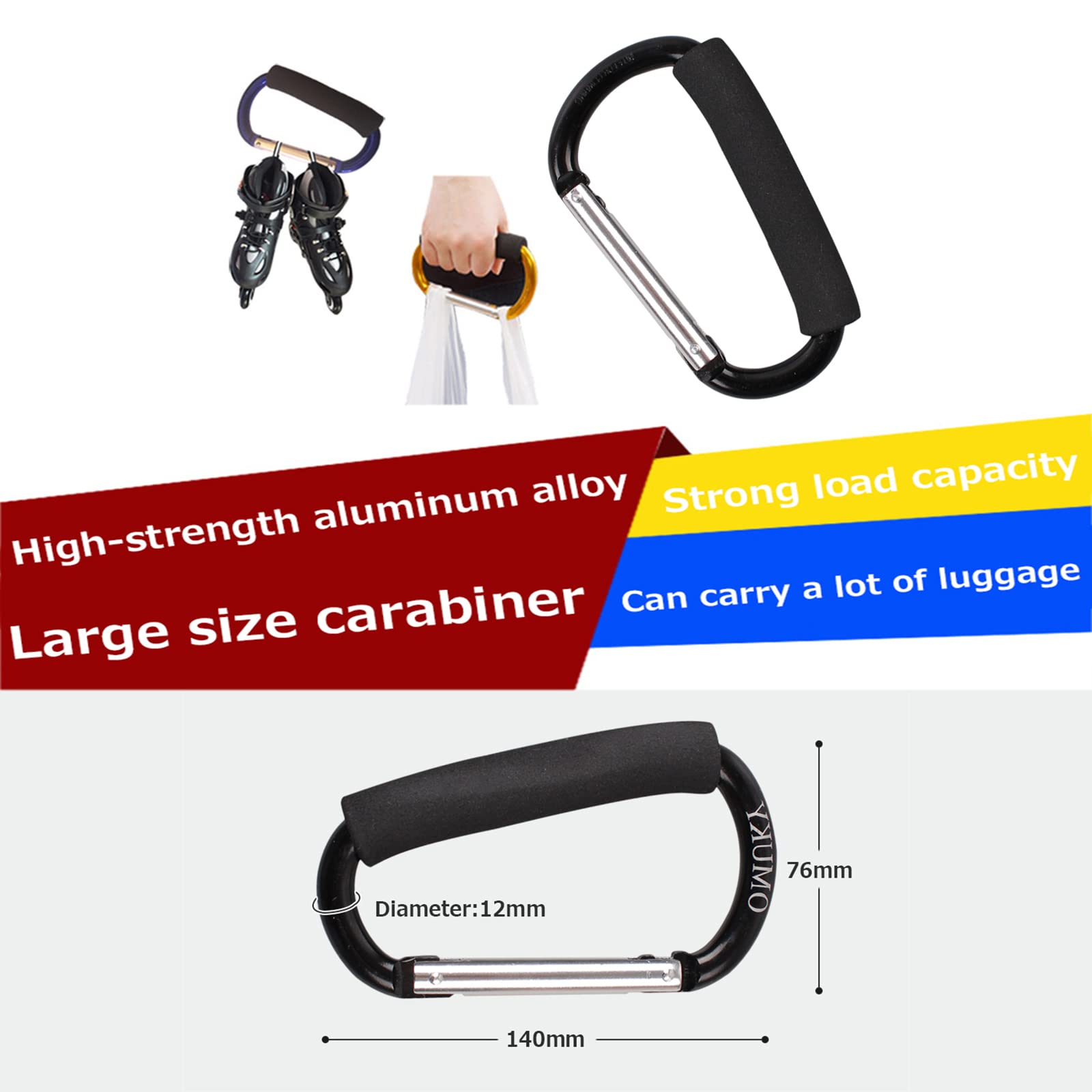 OMUKY 2-Pack Heavy Duty Carabiner Clips - Multipurpose Snap Hooks for Grocery Bags, Strollers, Backpacks & Shopping - Oversized Sponge Handle with Secure Locking Mechanism - Perfect for Outdoor Activities, Camping, Hiking & Daily Errands