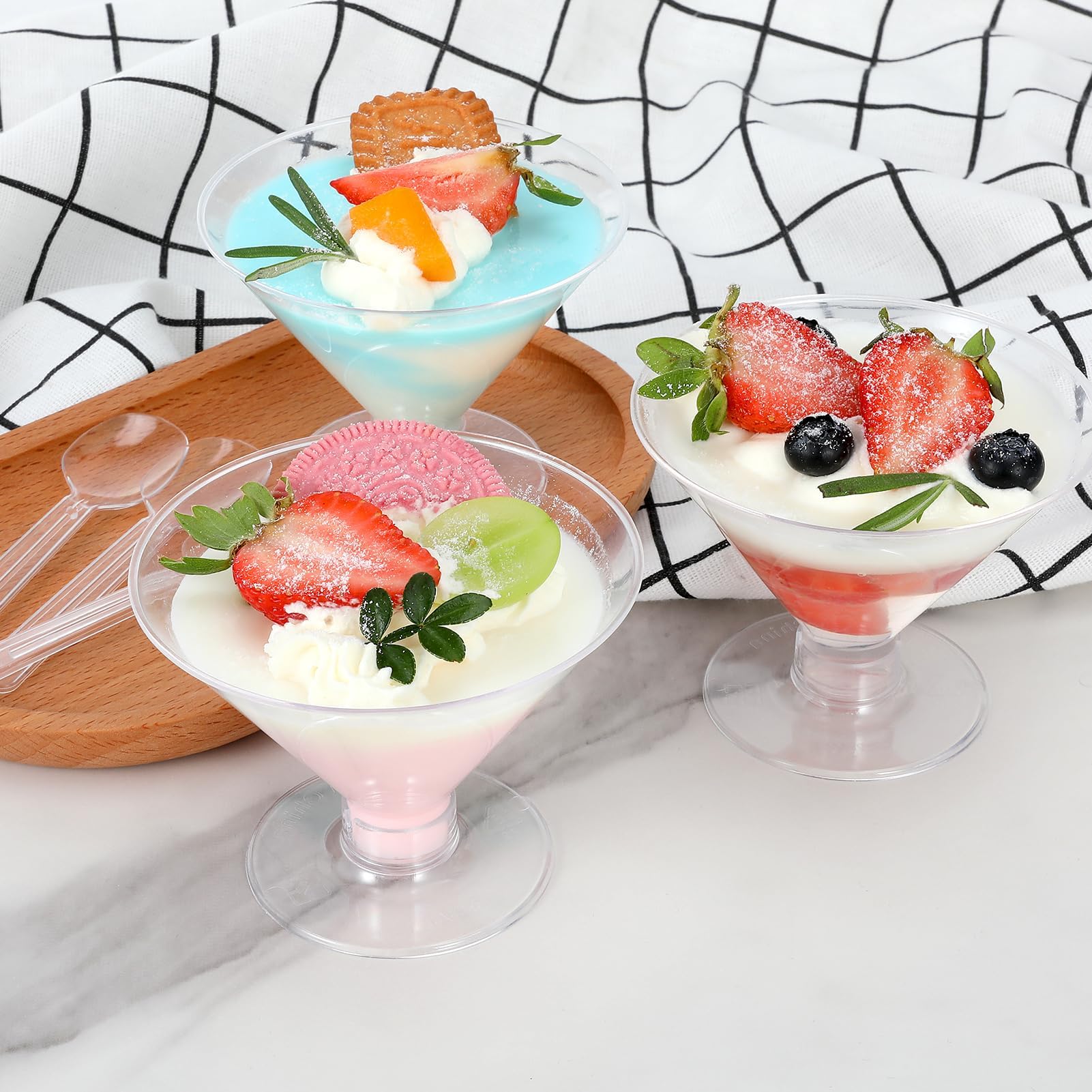 50 Pack 4 oz Clear Plastic Disposable Dessert Cups with Spoons - Martini Glasses for Cocktails, Champagne, Parfait, Ice Cream, Pudding & Trifle | Perfect for Parties, Weddings, Catering & Dessert Bars