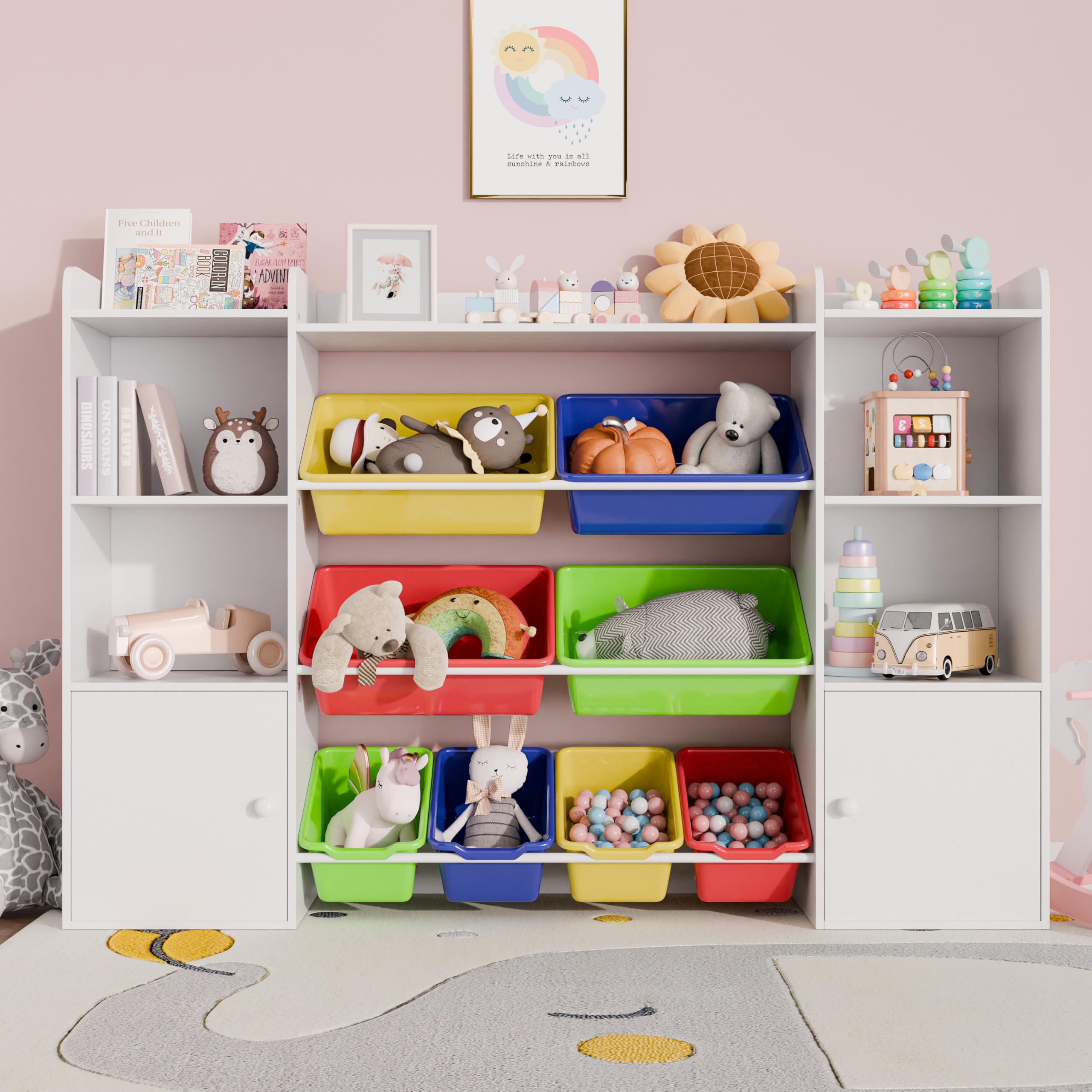 Xilingol 8-Bin Kids Toy Storage Organizer with Removable Bins, 4-Tier Bookshelf & 6-Cubby Toy Organizer for Playroom, Bedroom, Classroom - Perfect for Organizing Toys, Books & Games in Kids Rooms & Daycare Centers