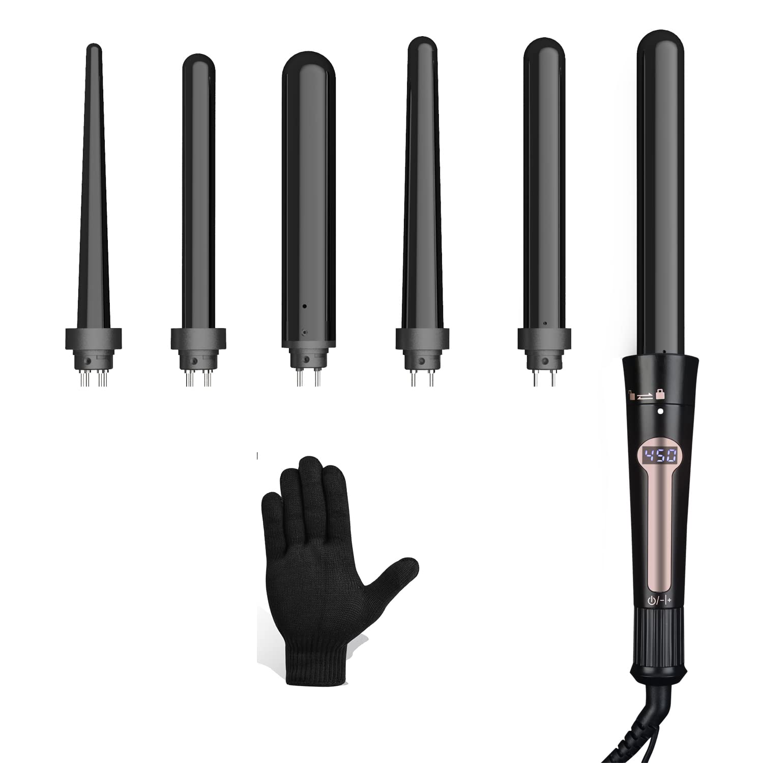Professional Ceramic Curling Wand Set with 5 Interchangeable Barrels & LCD Temperature Display - Hair Curling Iron for Beach Waves, Loose Curls & Tight Ringlets - Includes Heat Resistant Glove (Black) - Perfect for Home Styling, Salon Use & Travel