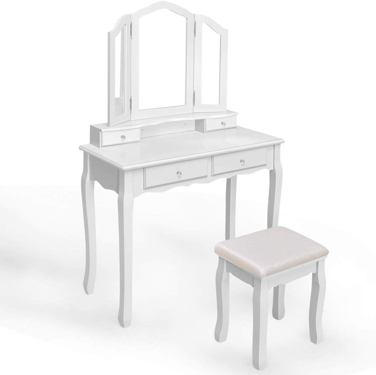 Vintage Makeup Vanity Dressing Table Set with Tri-Folding Mirror & 4 Drawers - Perfect for Bedroom, Boudoir, and Bridal Dressing Room Decor