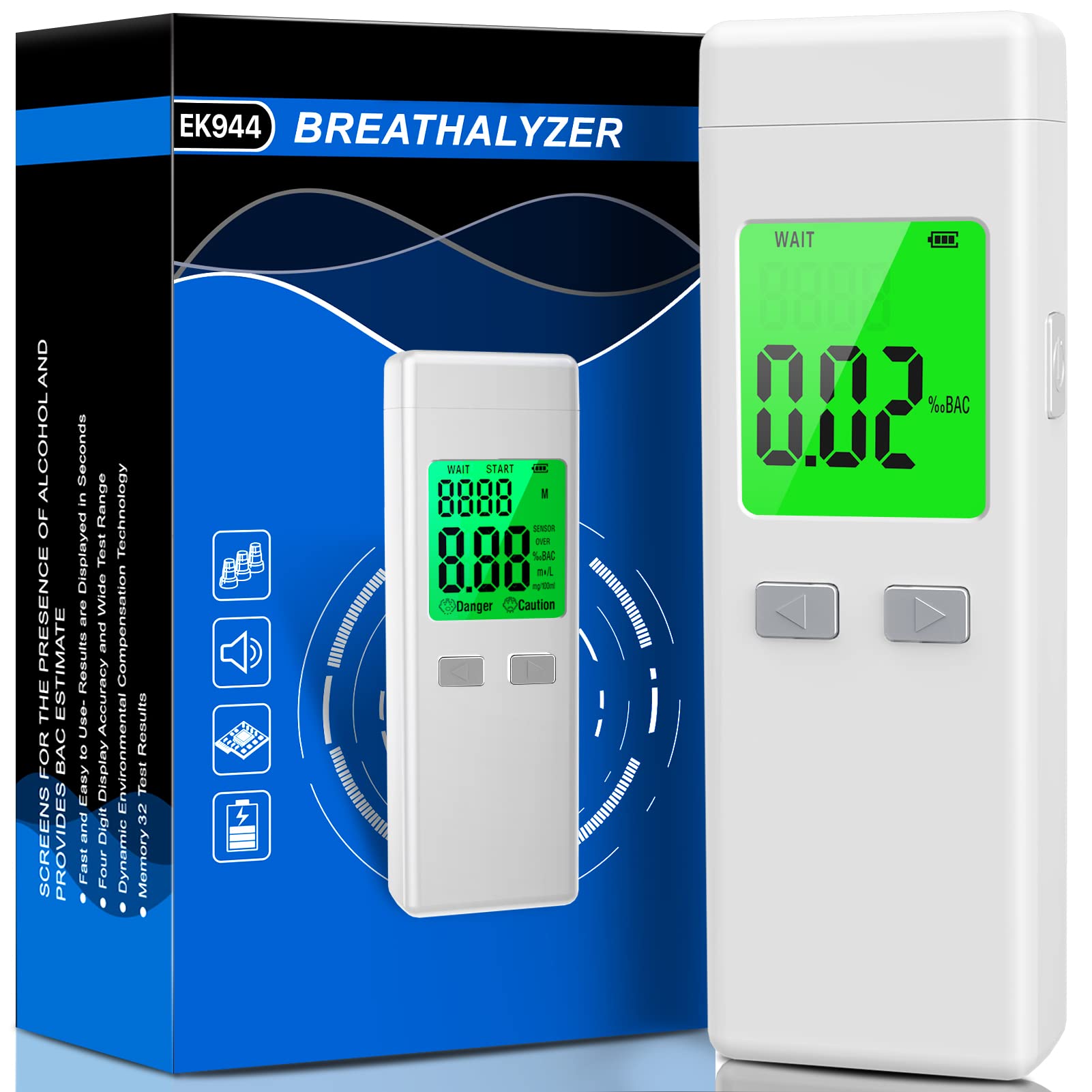 Professional Breathalyzer Alcohol Tester - High Accuracy BAC Detector with Memory Recall & Alarm Function - Includes 10 Disposable Mouthpieces (White) - Perfect for Personal Safety, Workplace Testing & Law Enforcement Use