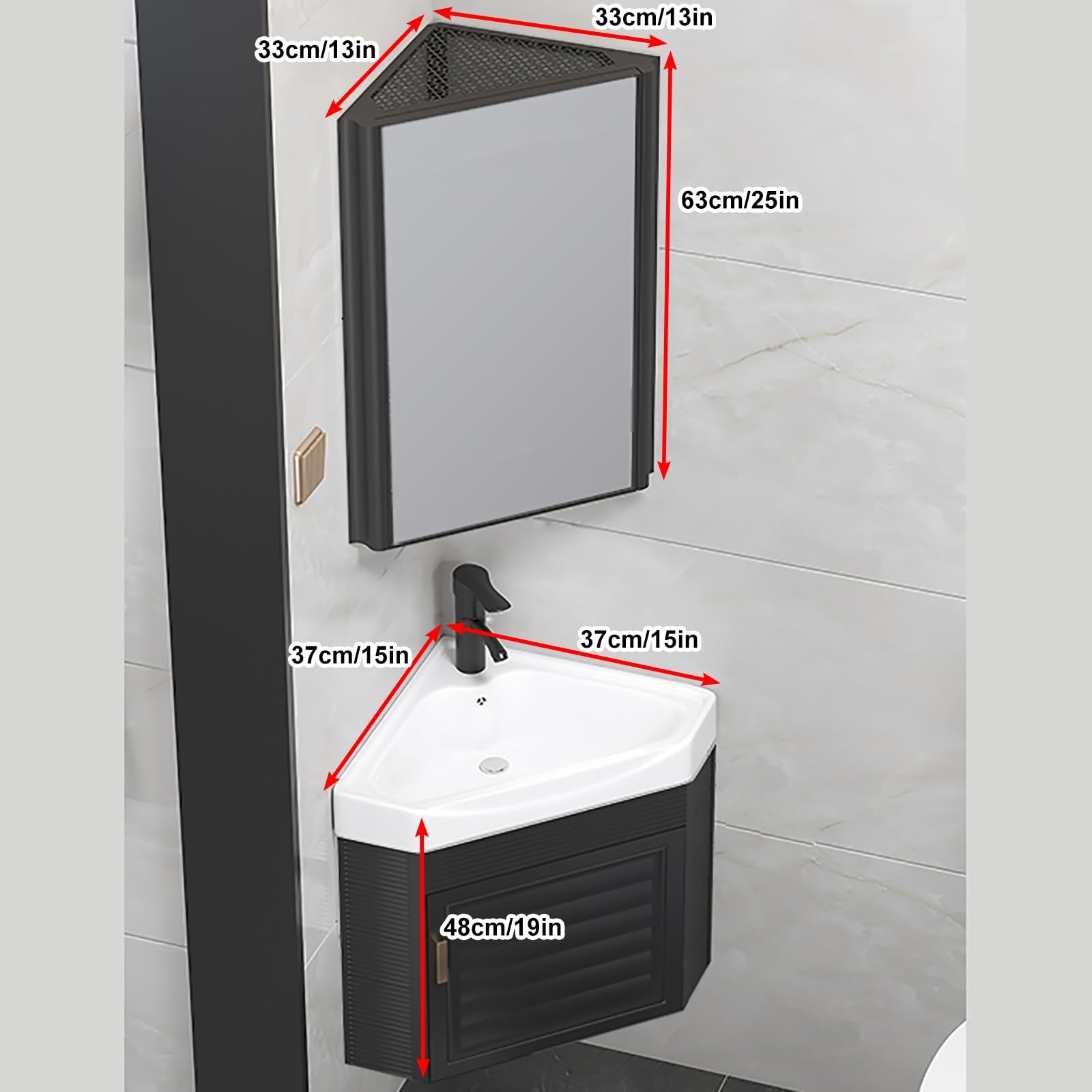 Corner Wall Mount Bathroom Sink with Storage & Mirror - Space Saving Black Vanity Sink (15 Inch) - Perfect for Small Bathrooms, Powder Rooms & RV Baths