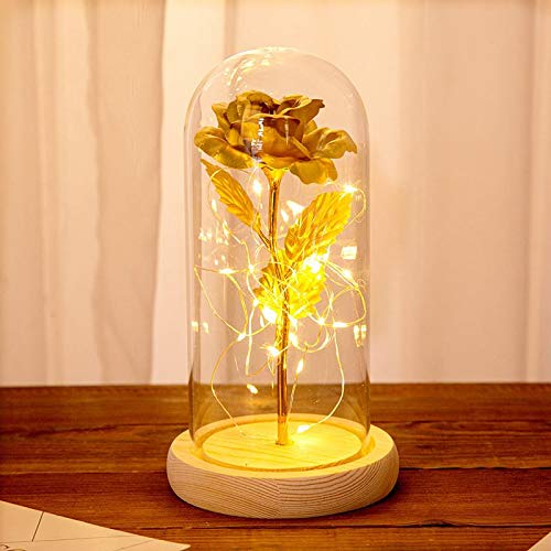 LED Rose Glass Dome with Wooden Base - Artificial & Dried Flower Home Decor for Valentine's Day, Christmas, Wedding Centerpiece & Romantic Gifts - Red Rose Lamp for Table Decor, Bedroom, Living Room