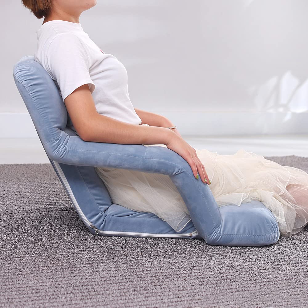 WoodShine Adjustable 6-Position Padded Floor Chair with Arms - Foldable Floor Seating Pillow for Gaming, Meditation & Reading - Ergonomic Back Support - Morandi Blue - Perfect for Small Spaces & Home Office