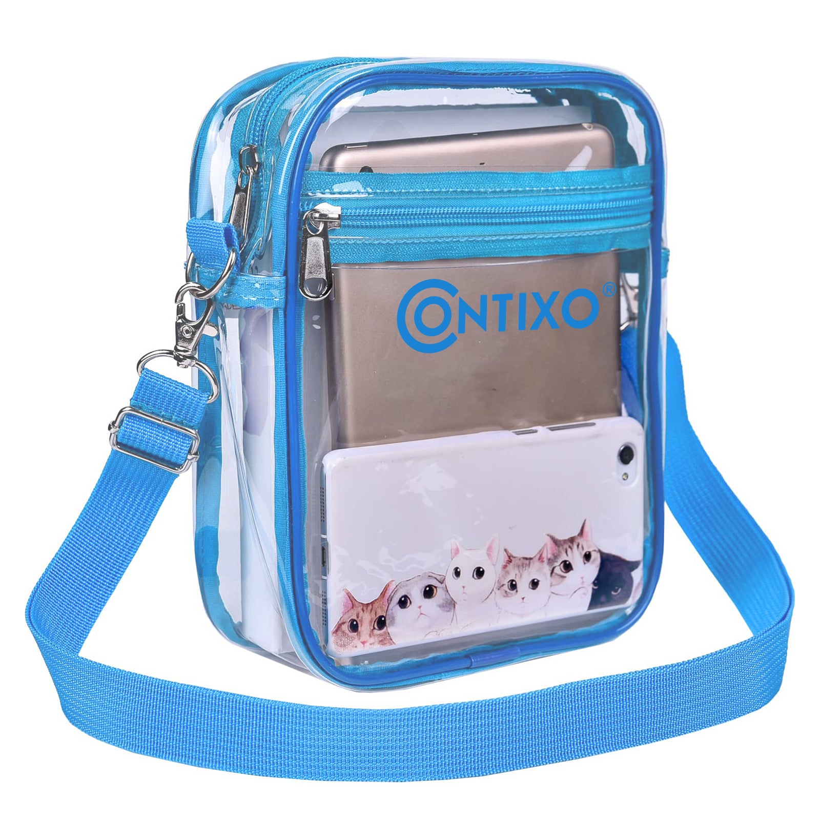 Contixo 7'' Clear Crossbody Bag for Stadium Events & Concerts - Adjustable Strap, Waterproof, Lightweight - Perfect for Sports Games, Music Festivals & Theme Parks (Blue)