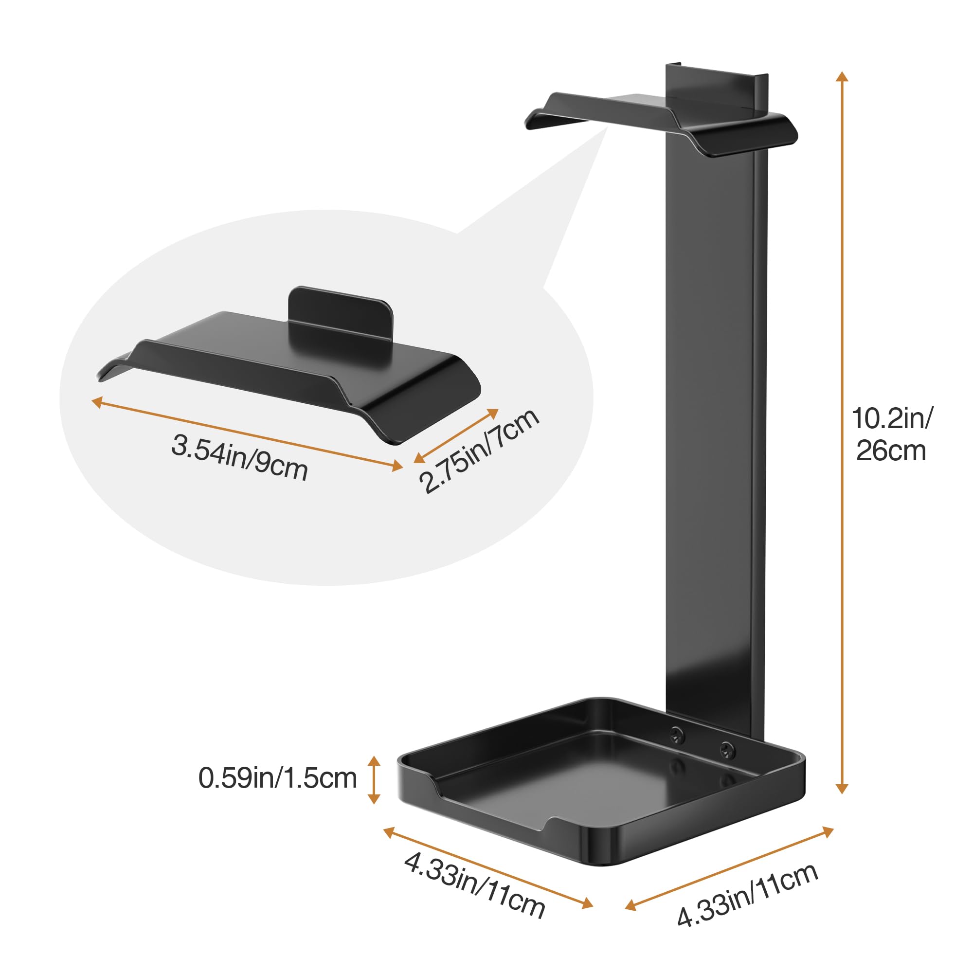 Premium Metal Headphone Stand with Non-Slip Base & Storage Tray - Sturdy Headset Holder for Gaming, Office & Home Use - Universal Fit for All Headphones (Black)