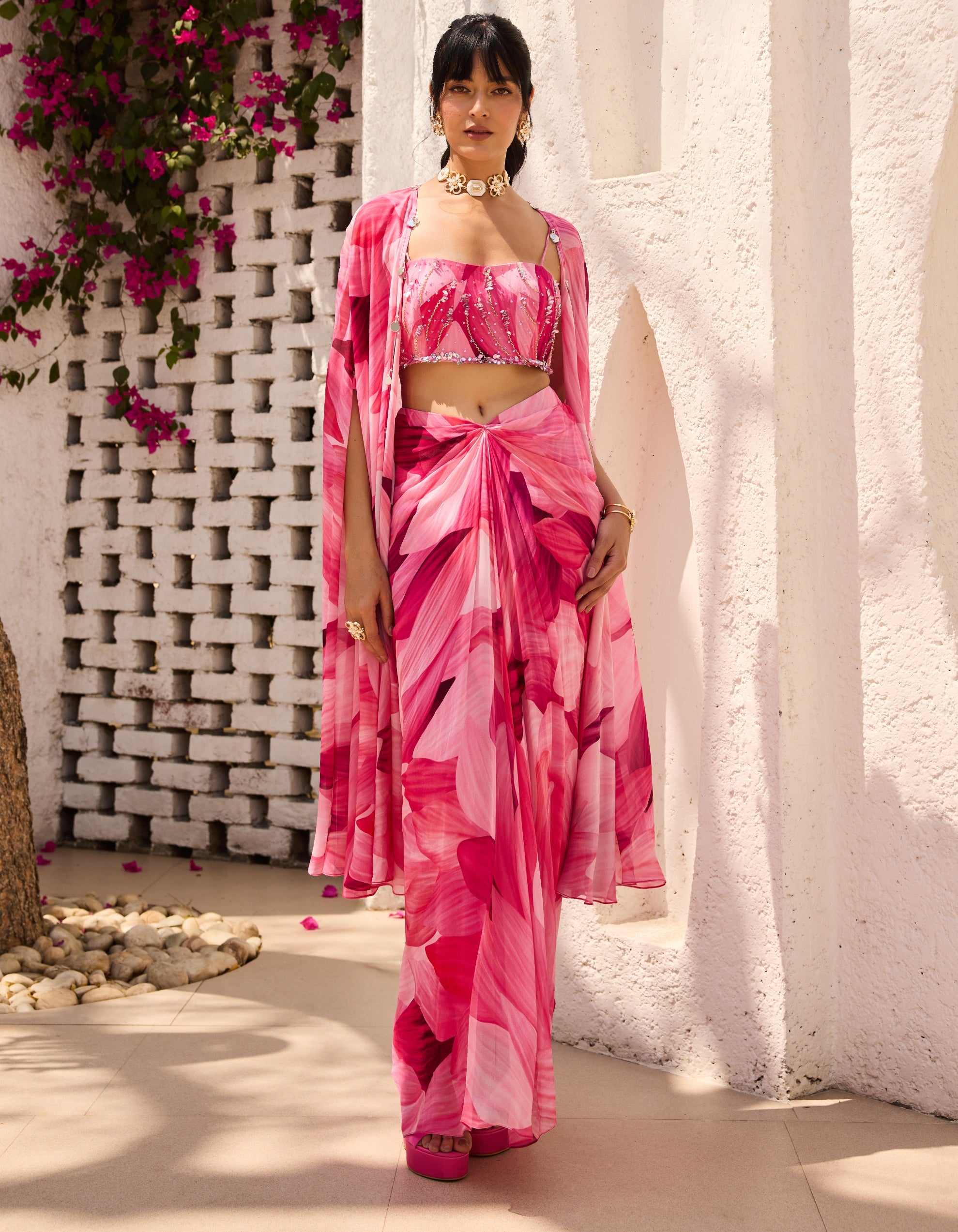 Adelia Pink Petal Printed Cape Set - Elegant Floral Cape for Women, Perfect for Weddings, Parties & Special Occasions