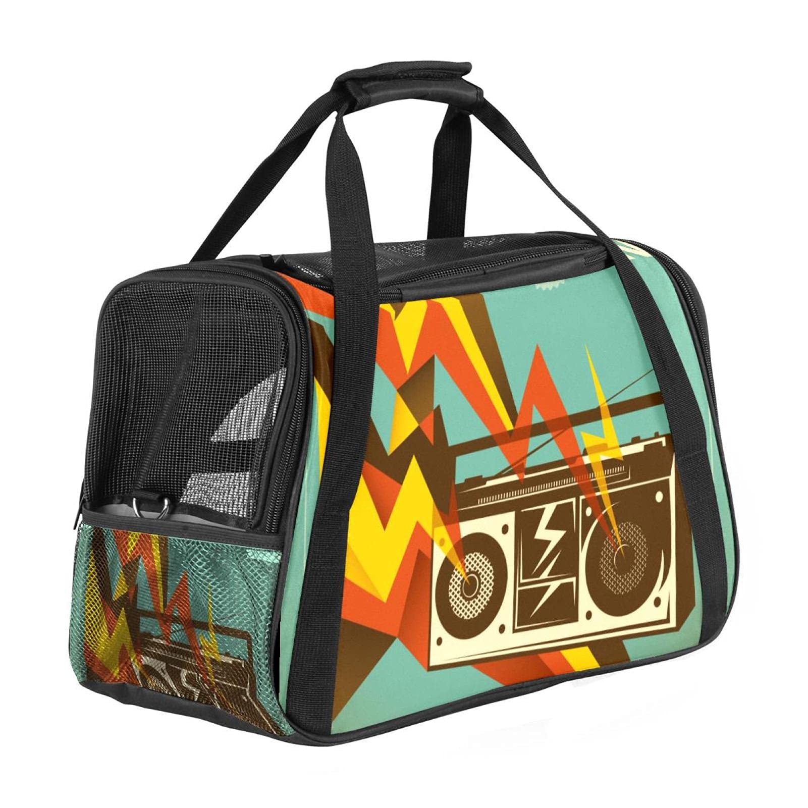 Vintage Style Music Radio Pet Carrier Bag - Portable Travel Cage for Dogs & Cats with Locking Safety Zippers & Breathable Mesh - Perfect for Airplane, Car Rides & Outdoor Adventures