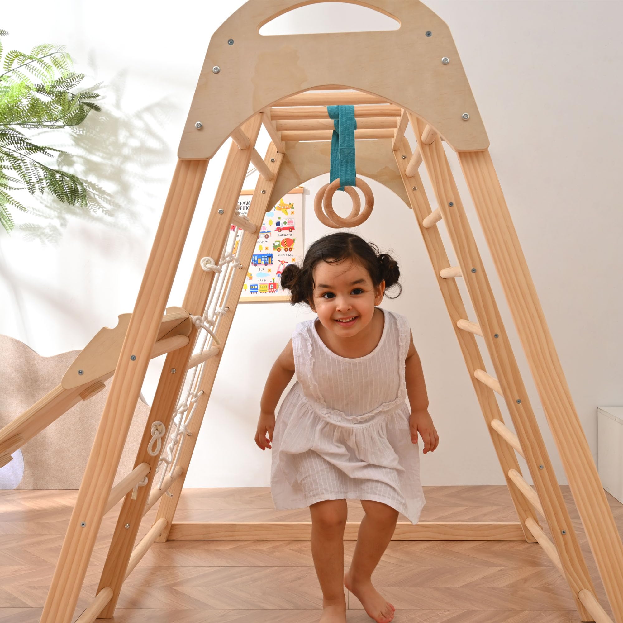 OLLIKIVI Wooden Jungle Gym Indoor Playground - Montessori Climber Playset with Tent, Slide, Gymnastics Rings & Climbing Net for Toddlers Ages 1-6 | Perfect for Home Playrooms, Daycares & Preschools