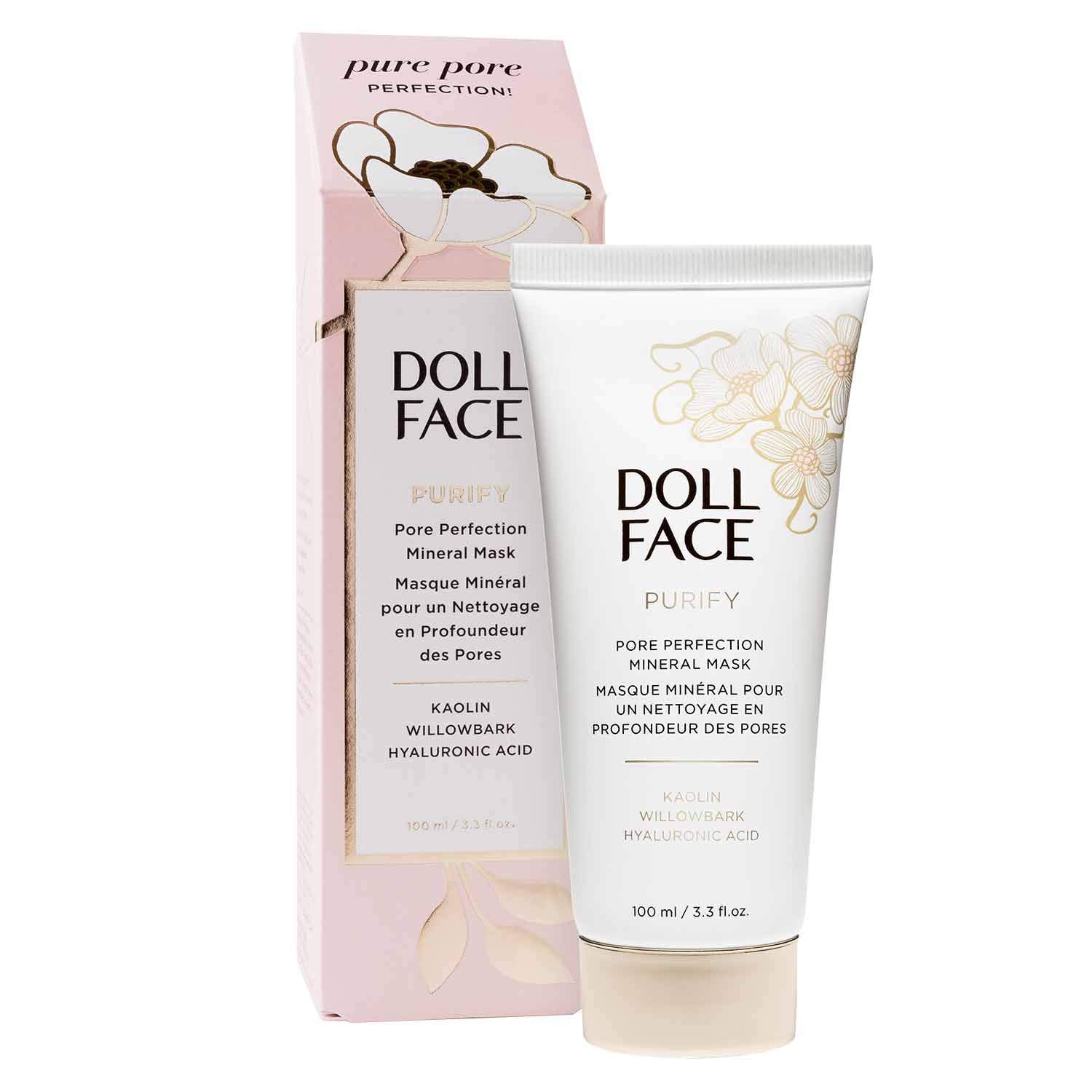 DOLL FACE Skin Care Face Mask - Pore Minimizing Mineral Facial Mask with Kaolin Clay, Willow Bark & Hyaluronic Acid | Detox & Deep Cleansing Treatment | 3.3 fl oz | Perfect for Acne-Prone Skin & Blackhead Removal | Spa Day & Self-Care Essential
