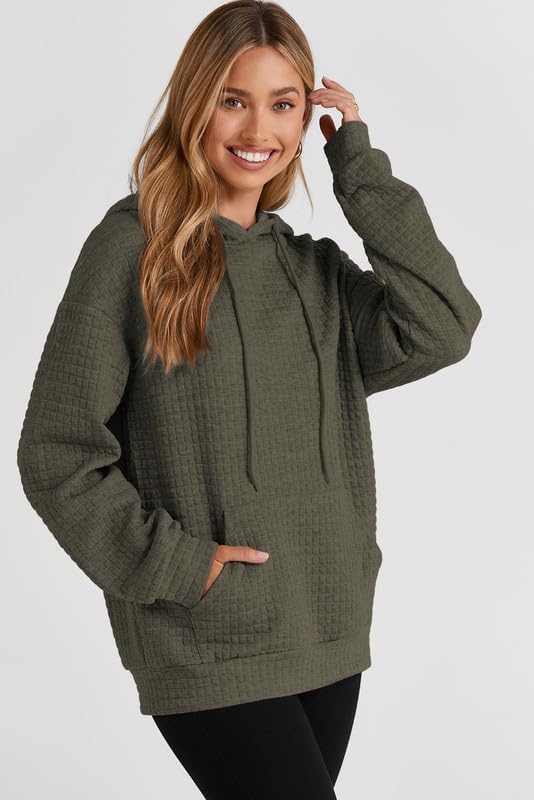 SHEWIN Women's Casual Long Sleeve Waffle Pullover Hoodie with Drawstring & Pocket - Loose Fit Hooded Sweatshirt for Everyday Wear, Lounge & Outdoor Activities