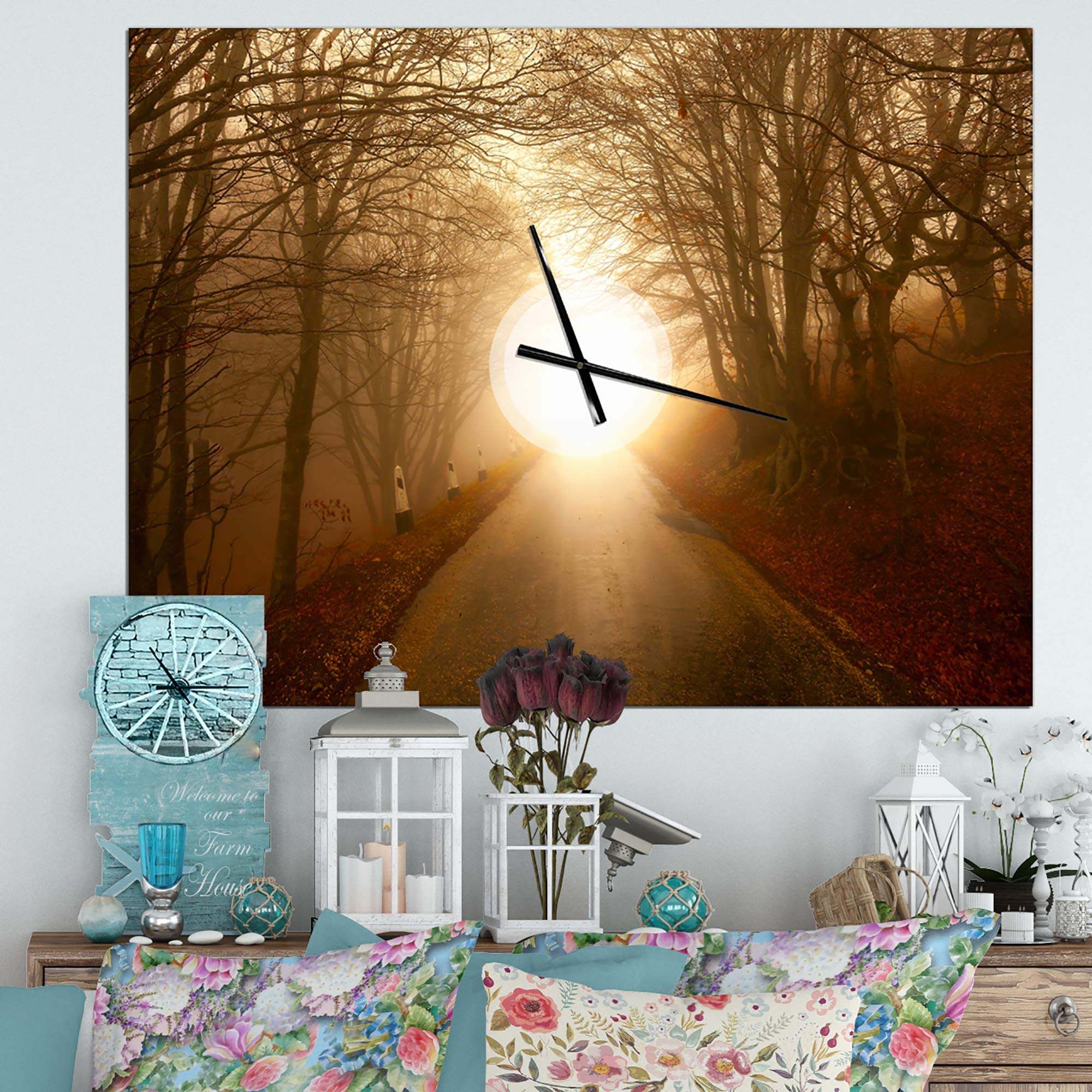 DesignQ 'Path to Sunlight in Autumn Forest' Modern Wall Clock - Silent Non-Ticking Battery Operated, Perfect for Home, Bedroom, Bathroom, Office & Living Room Decor | Adds Nature-Inspired Elegance to Any Space