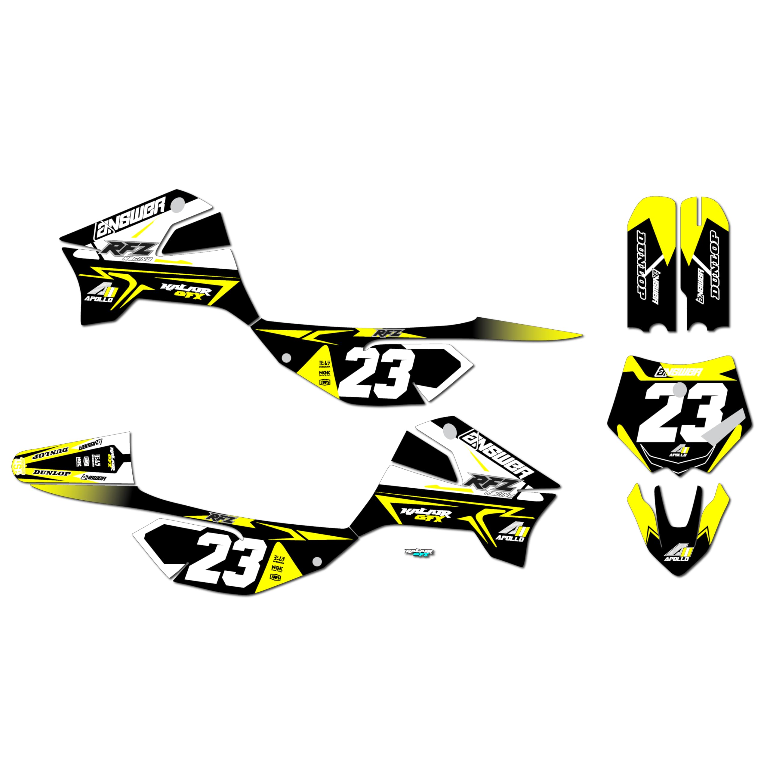Apollo RFZ X4-X6 X14-X19 Evader Series Dirt Bike Graphics Kit - 16 Mil Thick Yellow Stickers for Motocross, Pit Bike & Racing Motorcycles (Fits All Years) - High-Quality Decals for Enhanced Style & Durability on Dirt Tracks & Off-Road Adventures