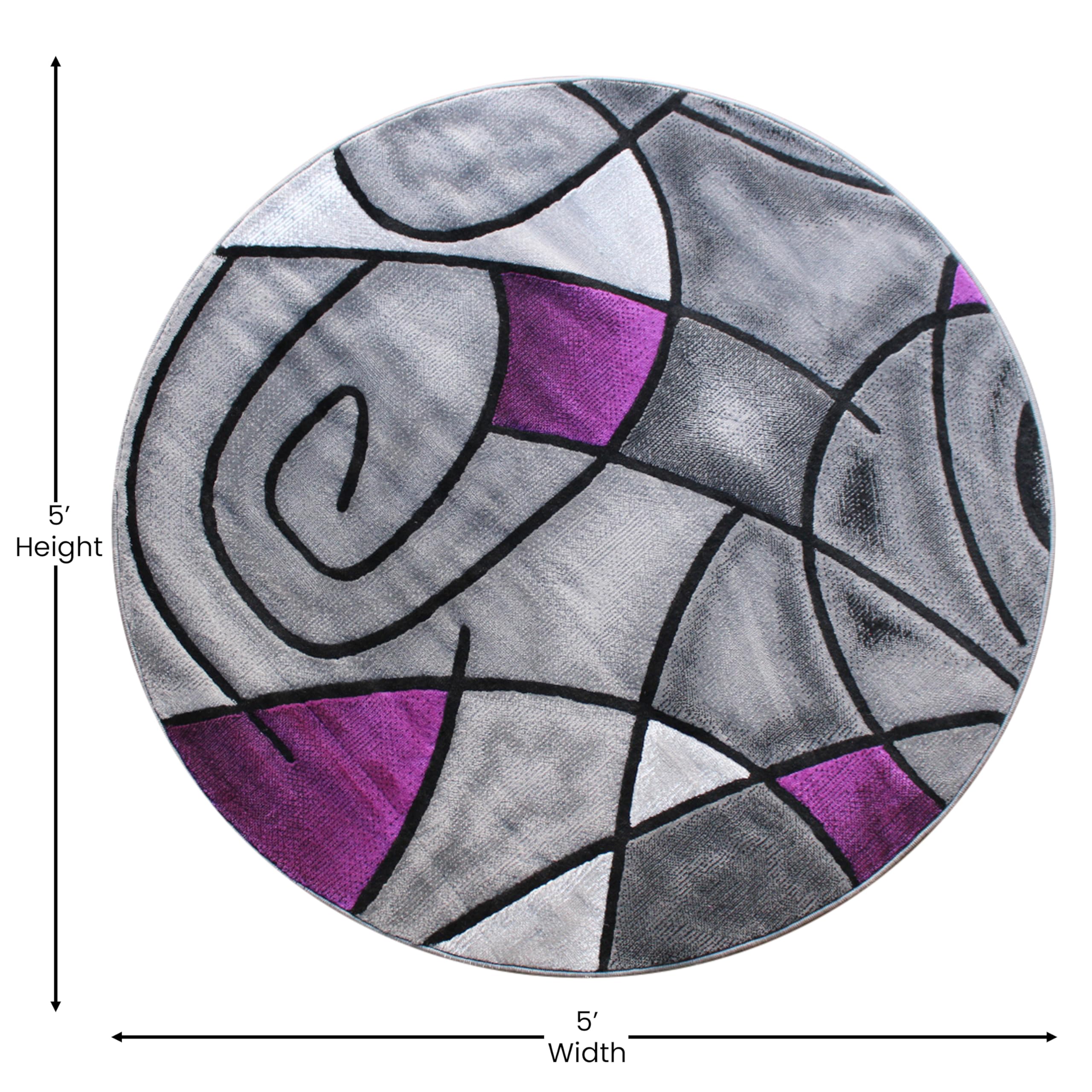 EMMA + OLIVER 5x5 Round Plush Olefin Accent Rug - Abstract Geometric Pattern with Gradient Gray & Purple Shades - Stain & Moisture Resistant - Perfect for Living Room, Bedroom or Office Decor
