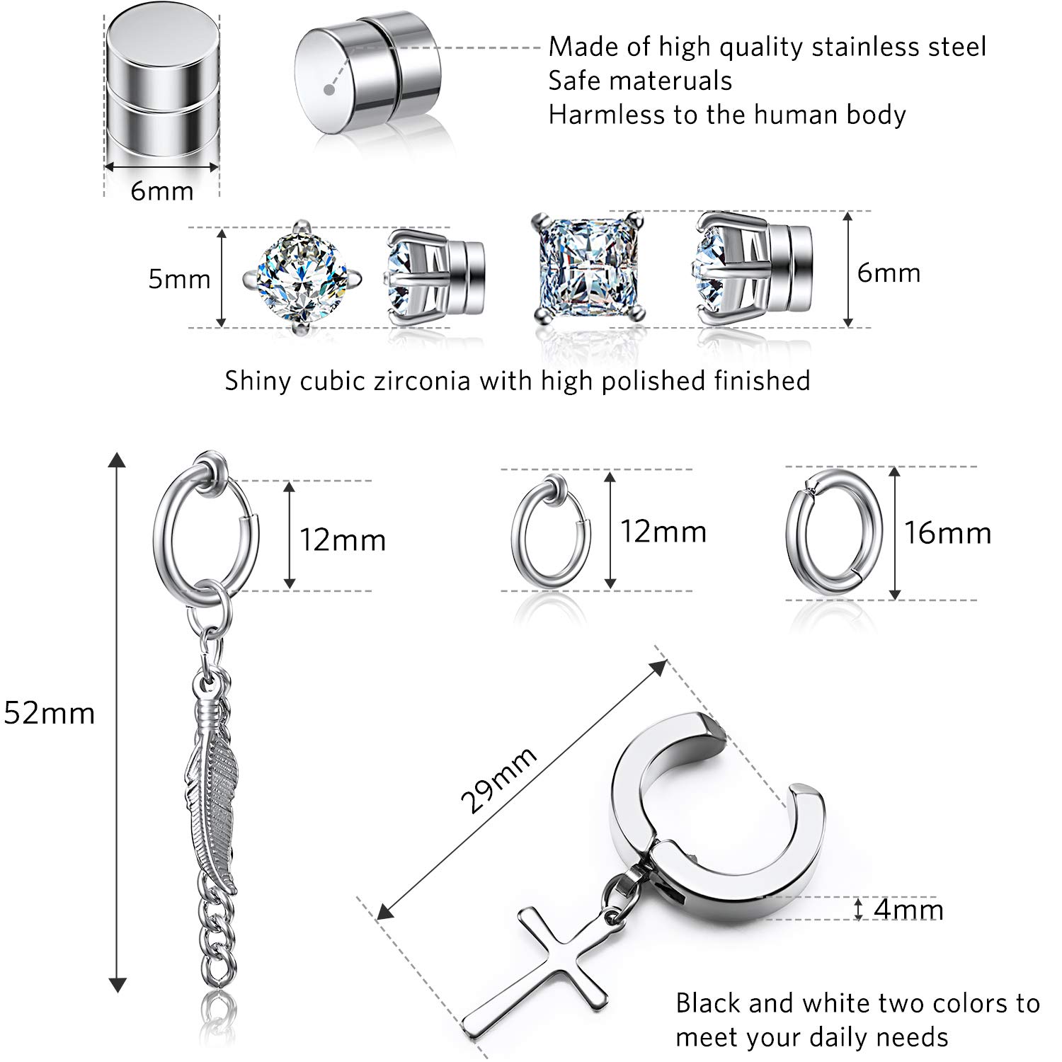9 Pairs Magnetic Stud Earrings for Women - Non Pierced Silver Stainless Steel Feather Dangle Earrings with CZ Stones | Hinged Cross Hoop Earrings Set | Perfect for Parties, Weddings & Everyday Wear