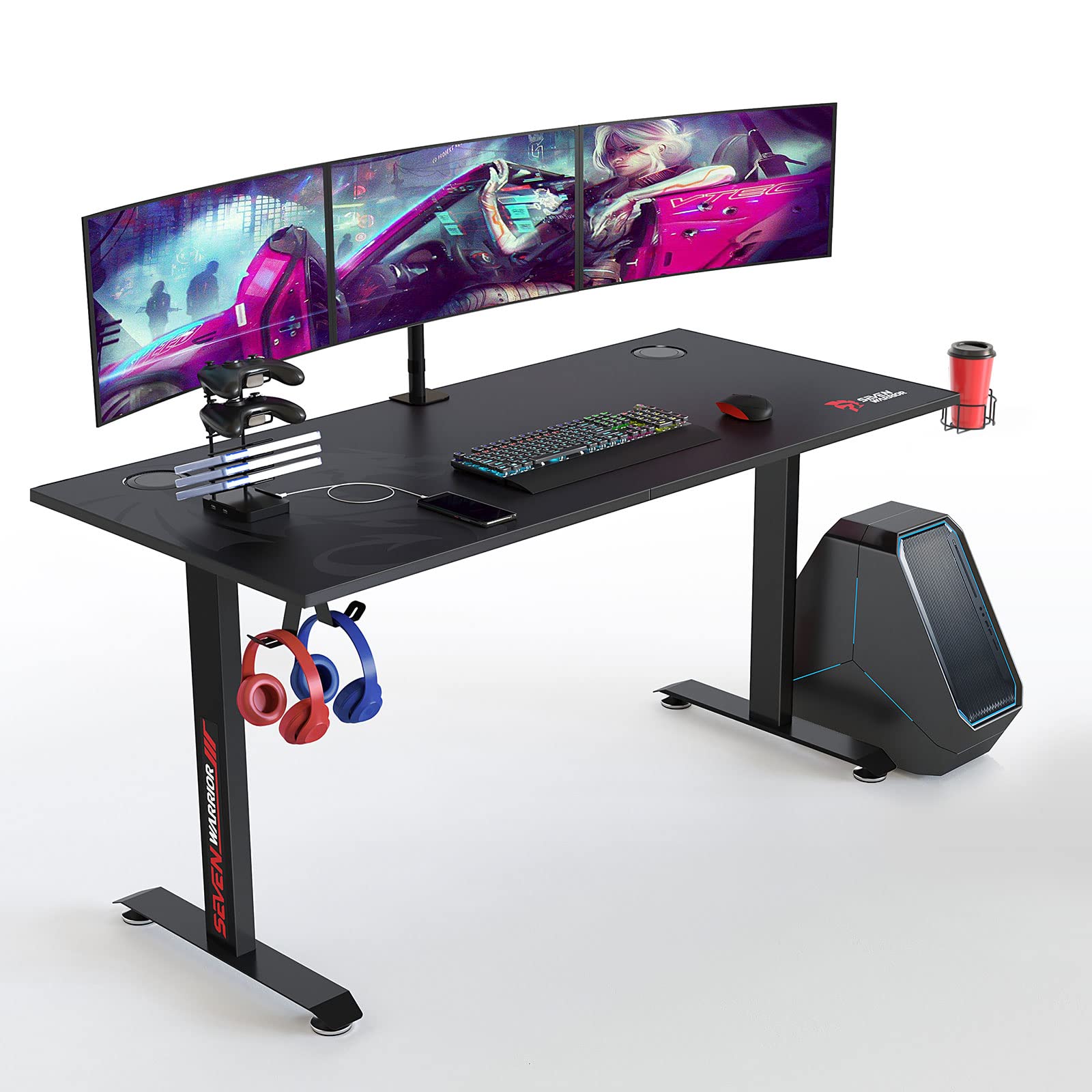 SEVEN WARRIOR 60 Inch Gaming Desk with Carbon Fiber Surface - T-Shaped Ergonomic Computer Desk for Gamers, Includes Full Mouse Pad, Double Headphone Hook, USB Gaming Rack & Cup Holder - Perfect for Esports, Streaming & Home Office Setup