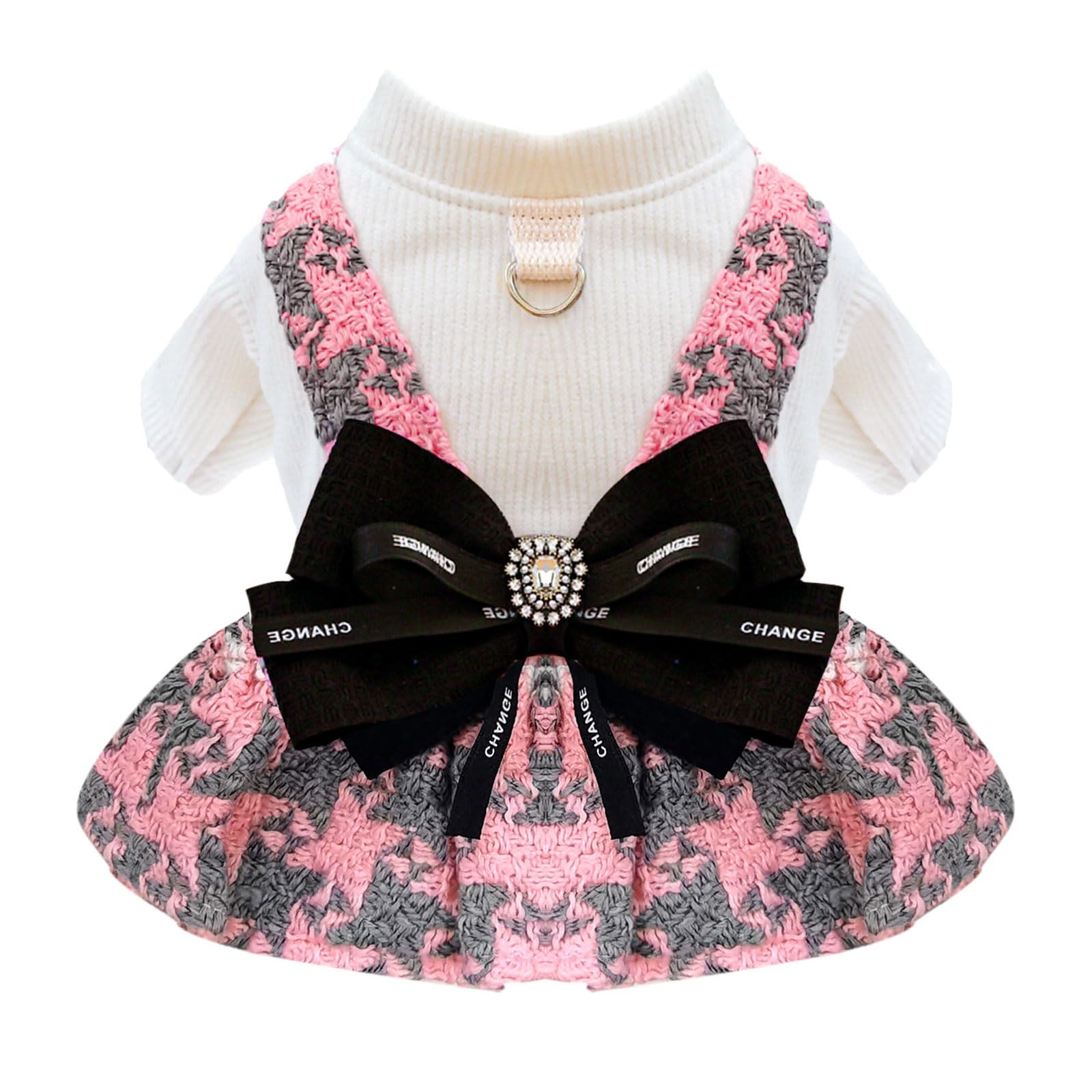 Soft Warm Winter & Spring Dog Dress for Small Dogs - Cute Bowknot Harness with Leash Ring, Fancy Knitted Bird Plaid Design - Valentine's Outfits for Chihuahua, Puppy & Cat (Pink, Small) - Perfect for Daily Walks, Photo Shoots & Special Occasions